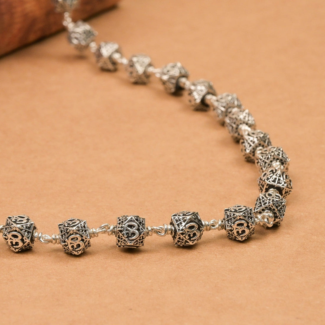Hexagon Om Silver Beads Mala