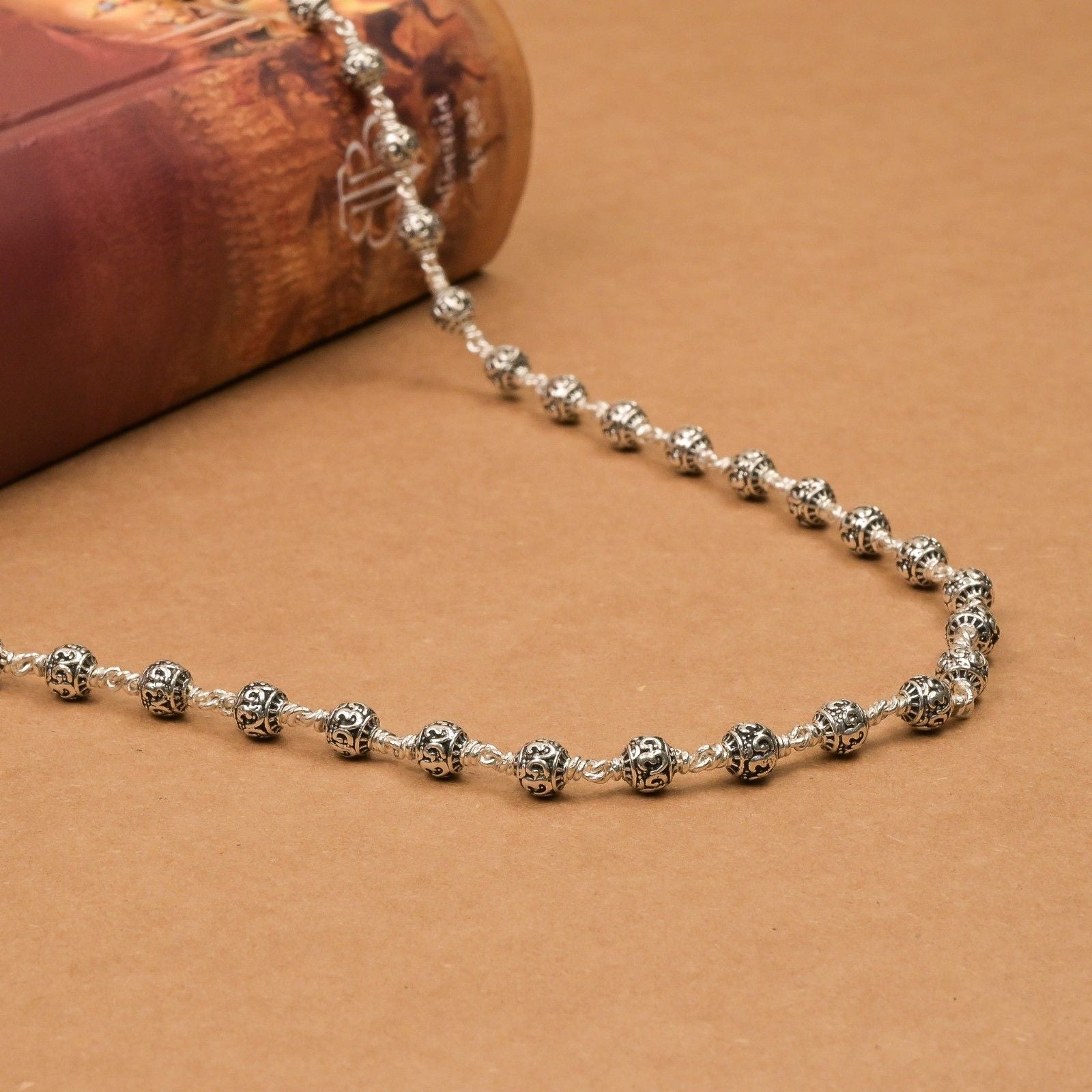 Om Silver Beads Mala 5-6 mm