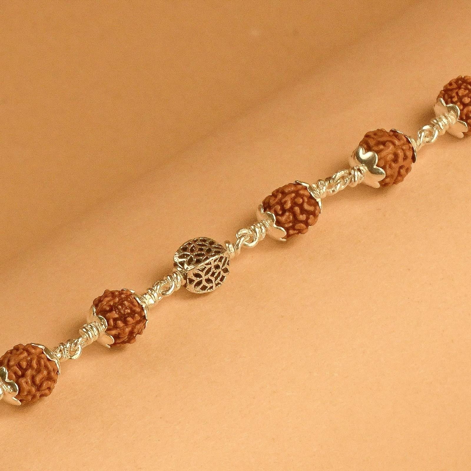 Rudraksha With Hollow Circular Silver Beads Bracelet