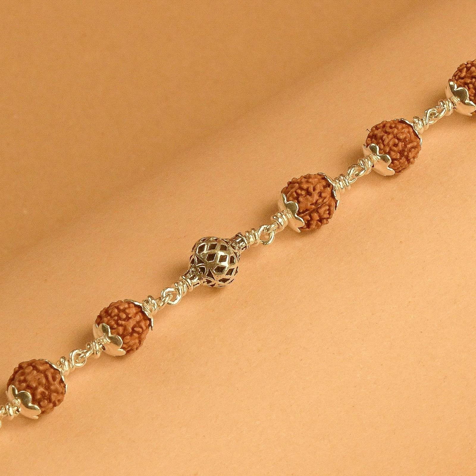 Rudraksha With Hollow Mesh Silver Beads Bracelet