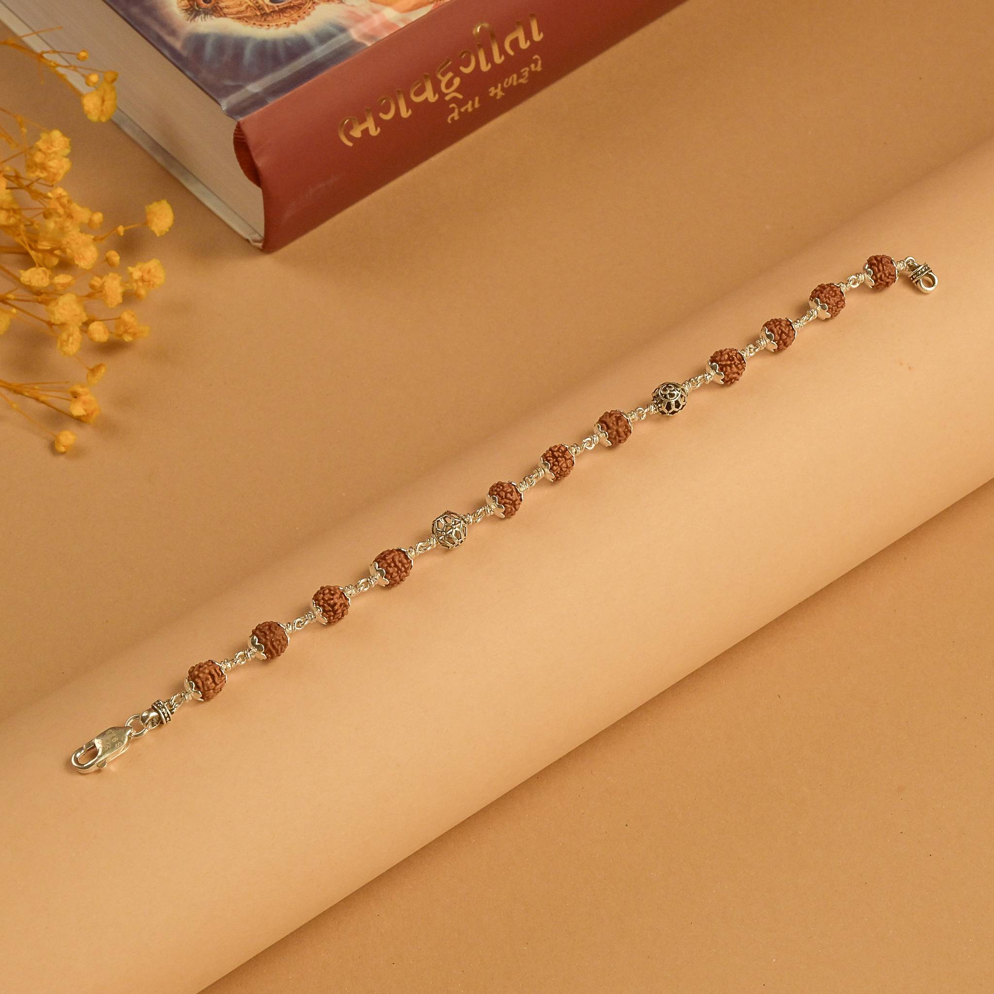 Rudraksha With Round Om Beads Silver Bracelet