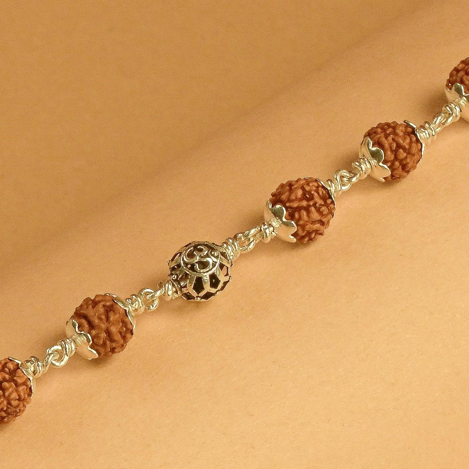 Rudraksha With Round Om Beads Silver Bracelet