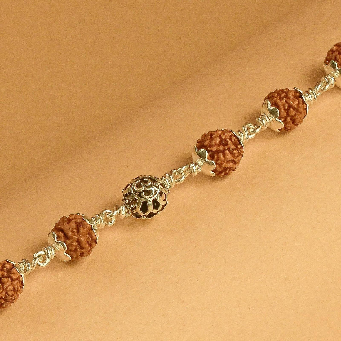 Rudraksha With Round Om Beads Silver Bracelet