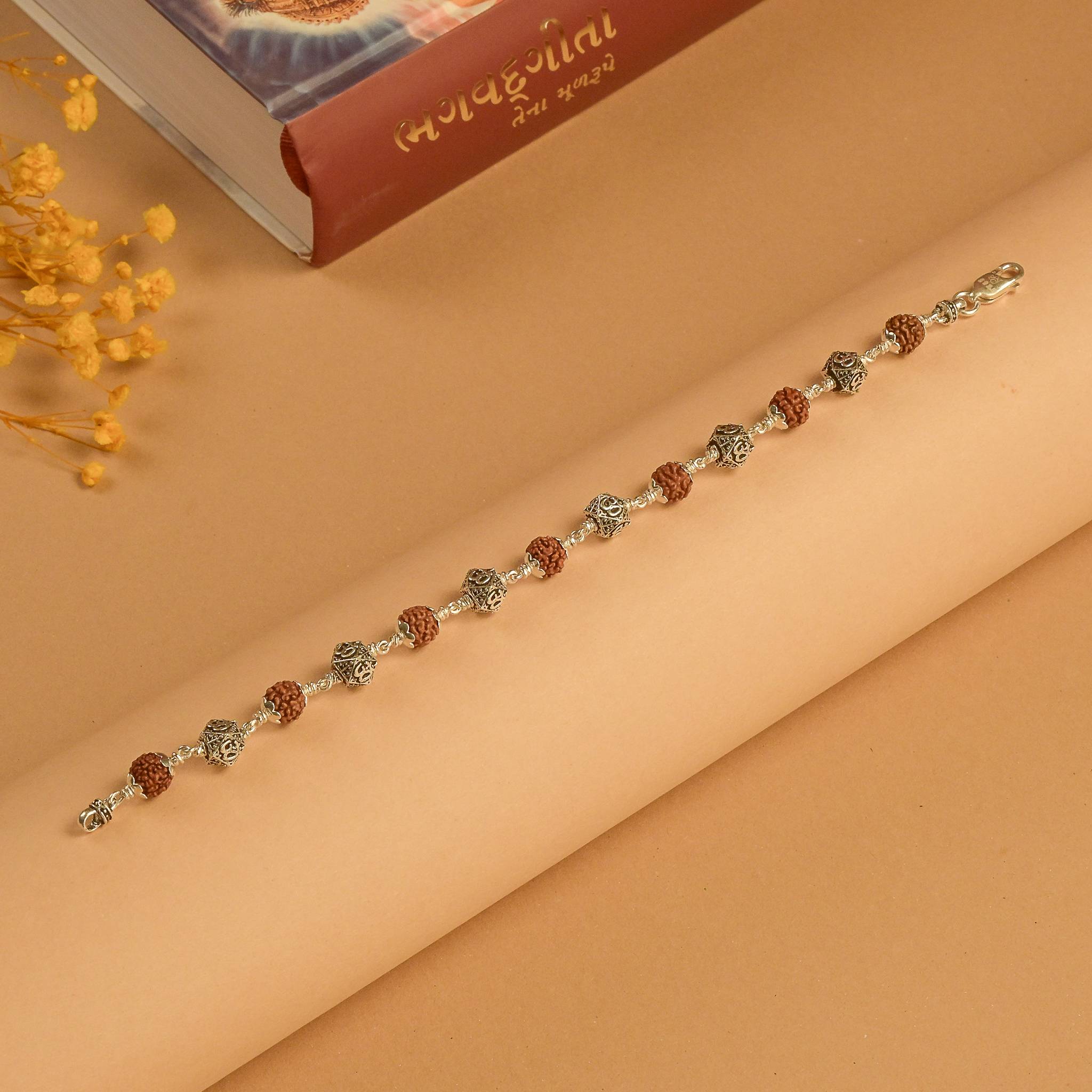 Rudraksha with Hexagon Silver Beads Bracelet