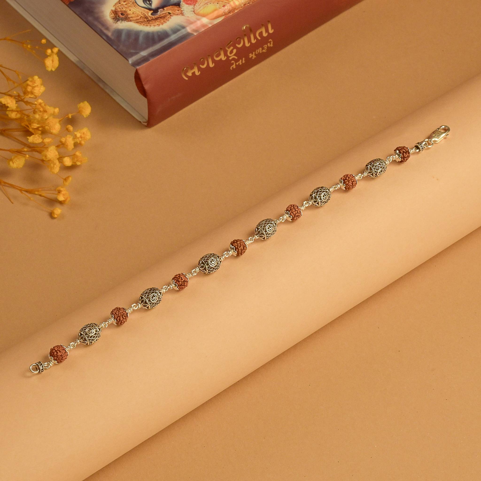 Rudraksha with Oval Om Silver Beads Bracelet