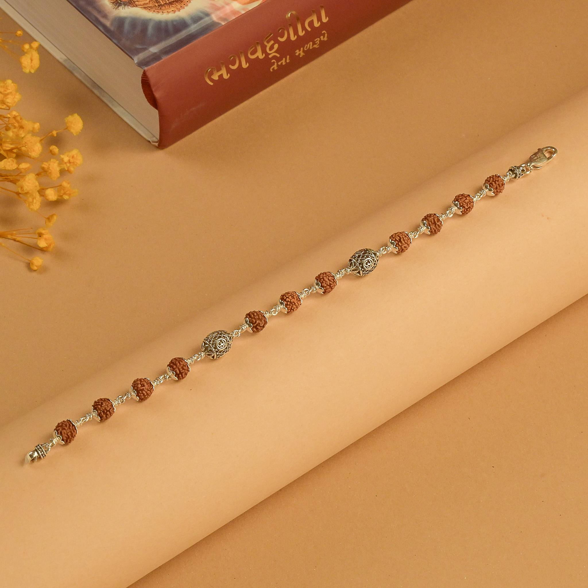 Rudraksha with Oval Om Silver Beads Bracelet