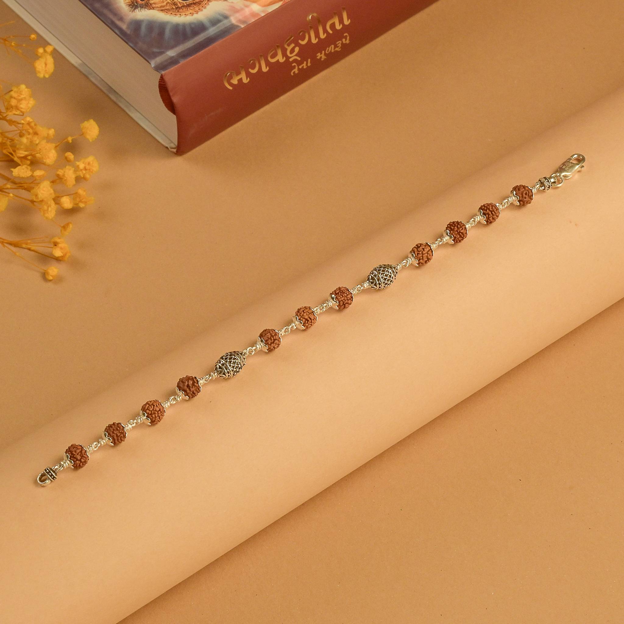Rudraksha With Cylindrical Silver Beads Bracelet
