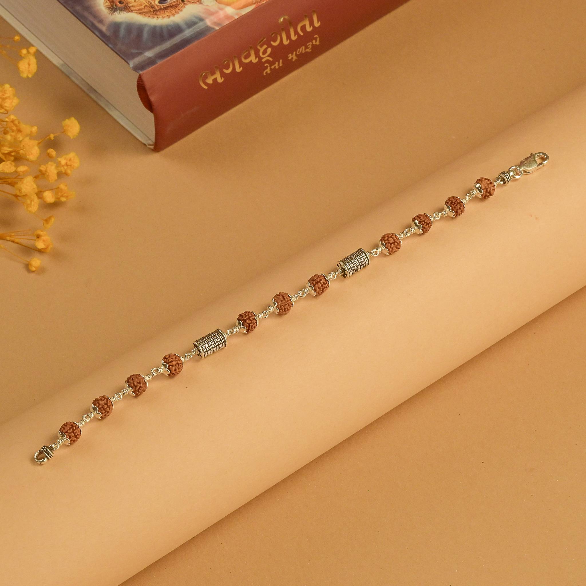 Rudraksha and Cylindrical Silver Beads Bracelet