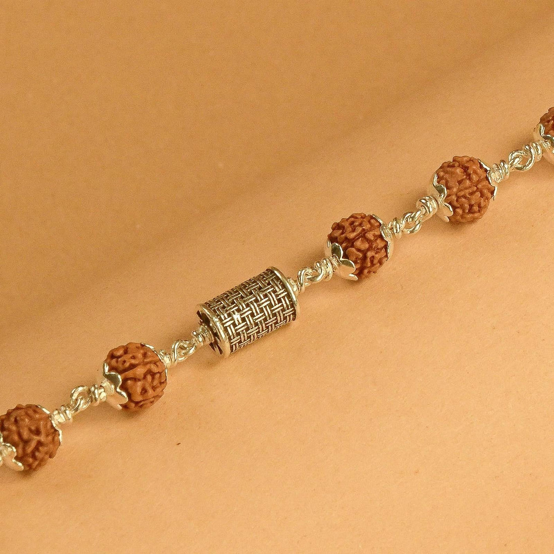 Rudraksha and Cylindrical Silver Beads Bracelet