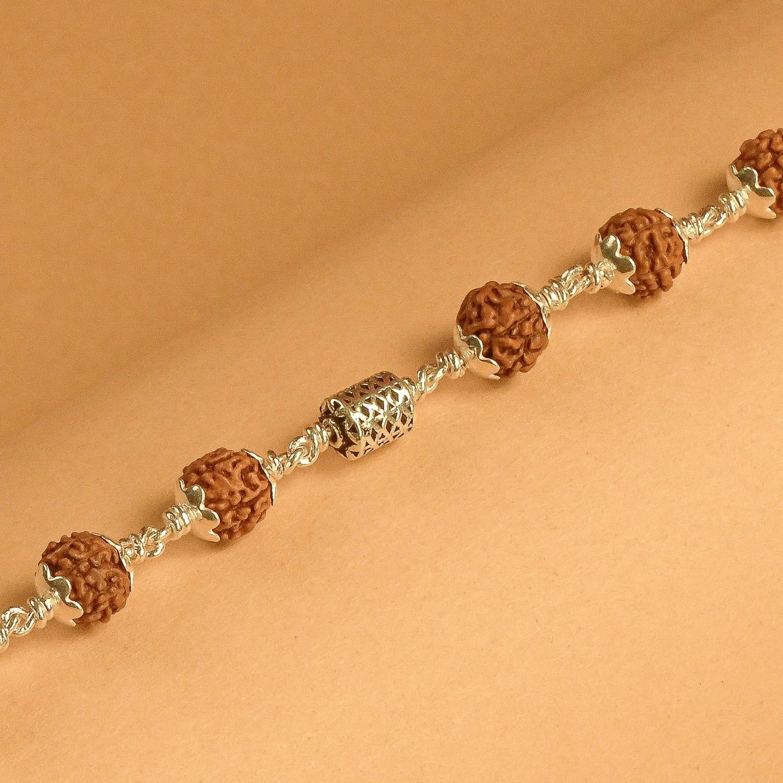 Rudraksha With Silver Oval Filigree Beads Bracelet