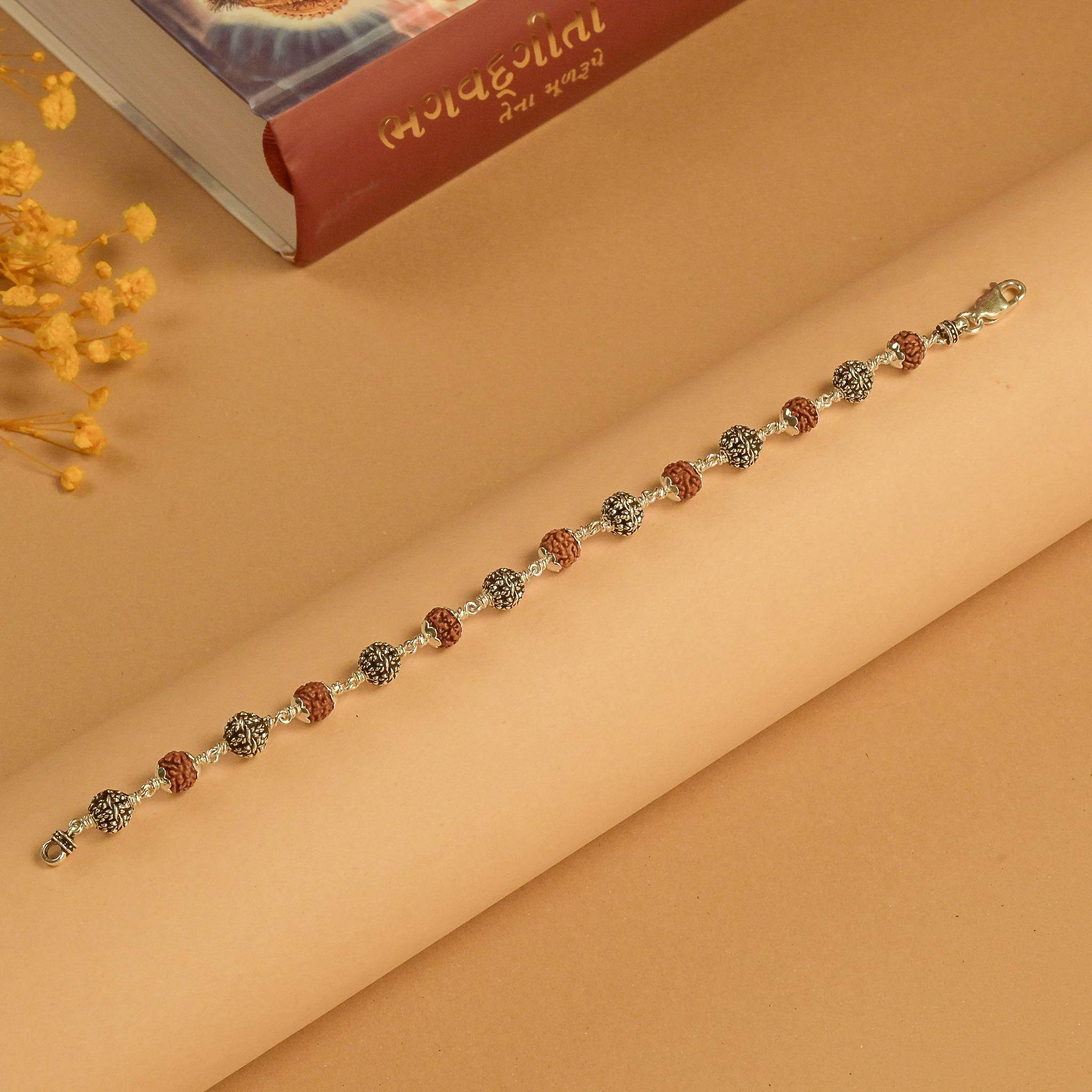 Rudraksha with Flower Silver Beads Bracelet