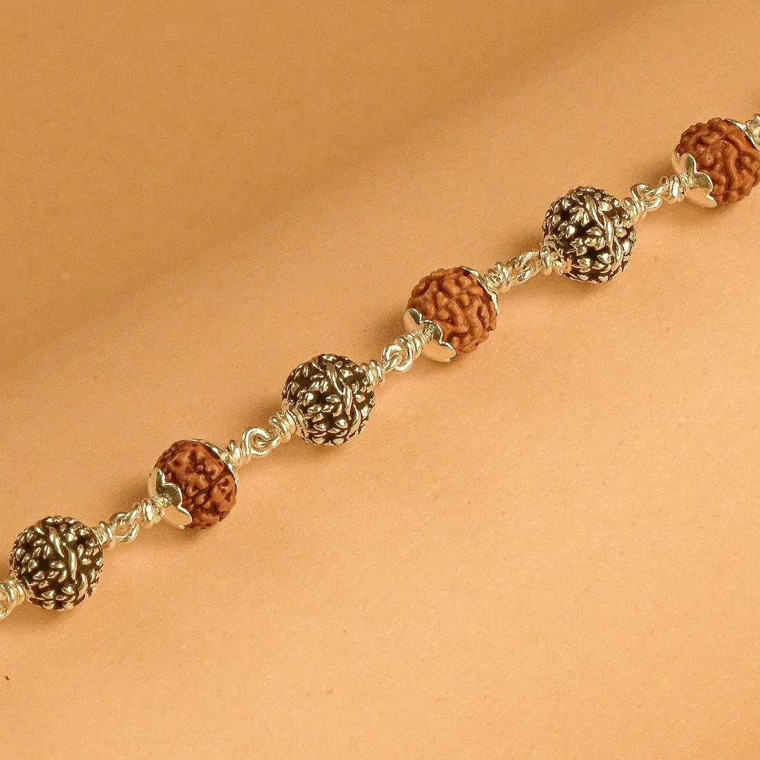 Rudraksha with Flower Silver Beads Bracelet