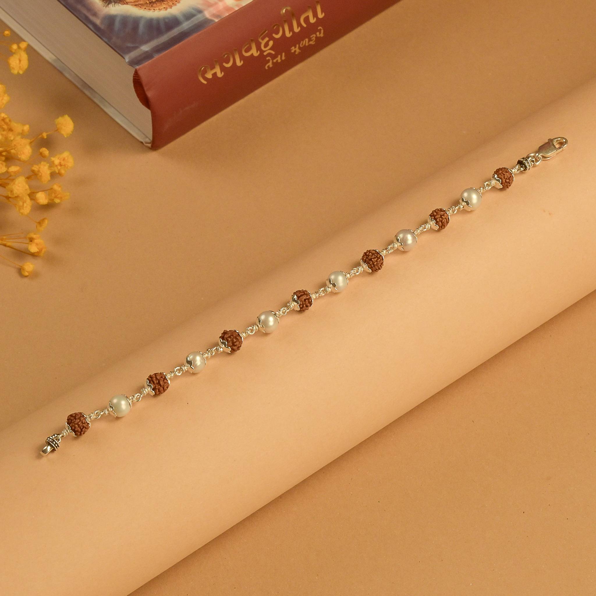Rudraksha With Moti Beads Silver Bracelet