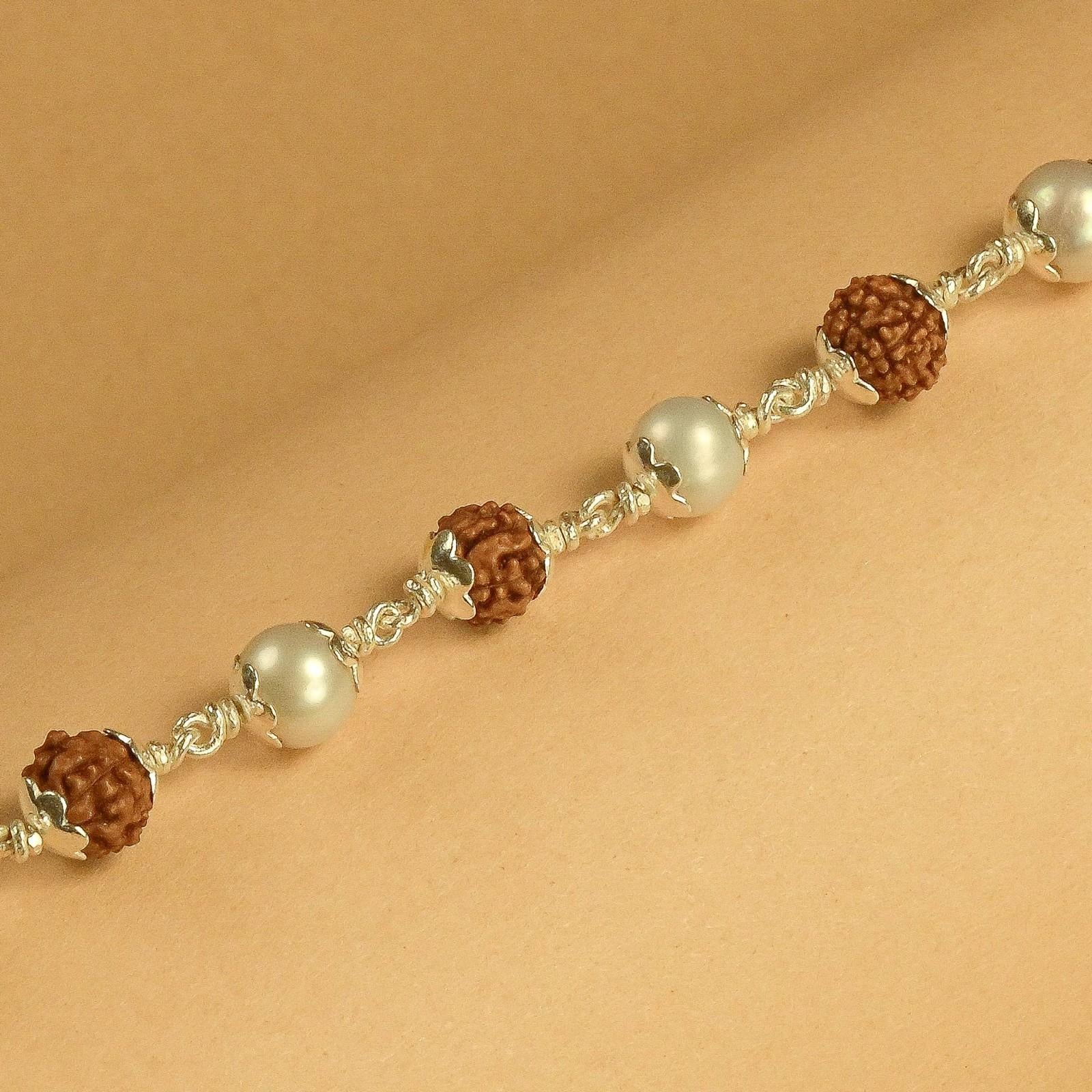 Rudraksha With Moti Beads Silver Bracelet
