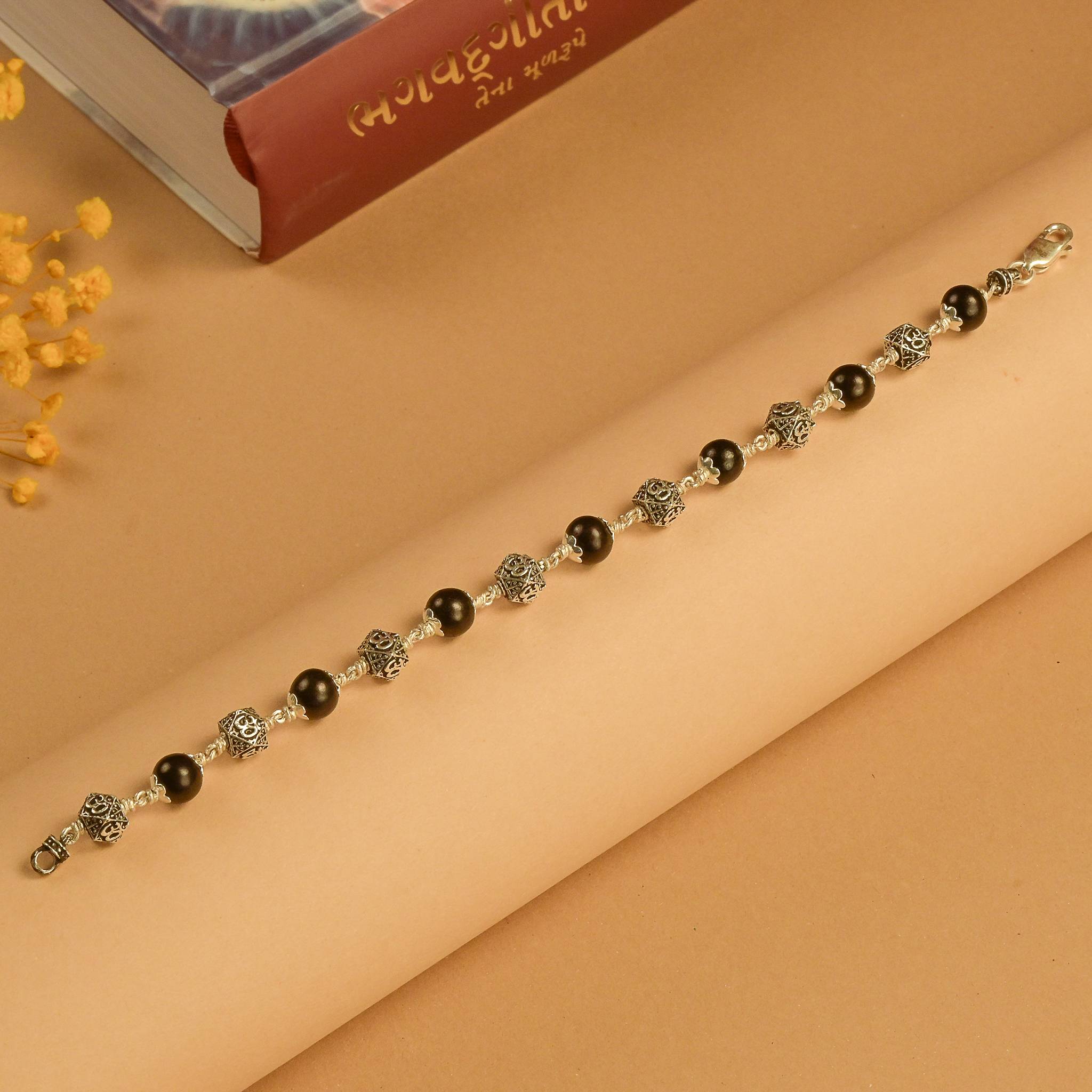Karungali With Hexagone Om Beads Silver Bracelet