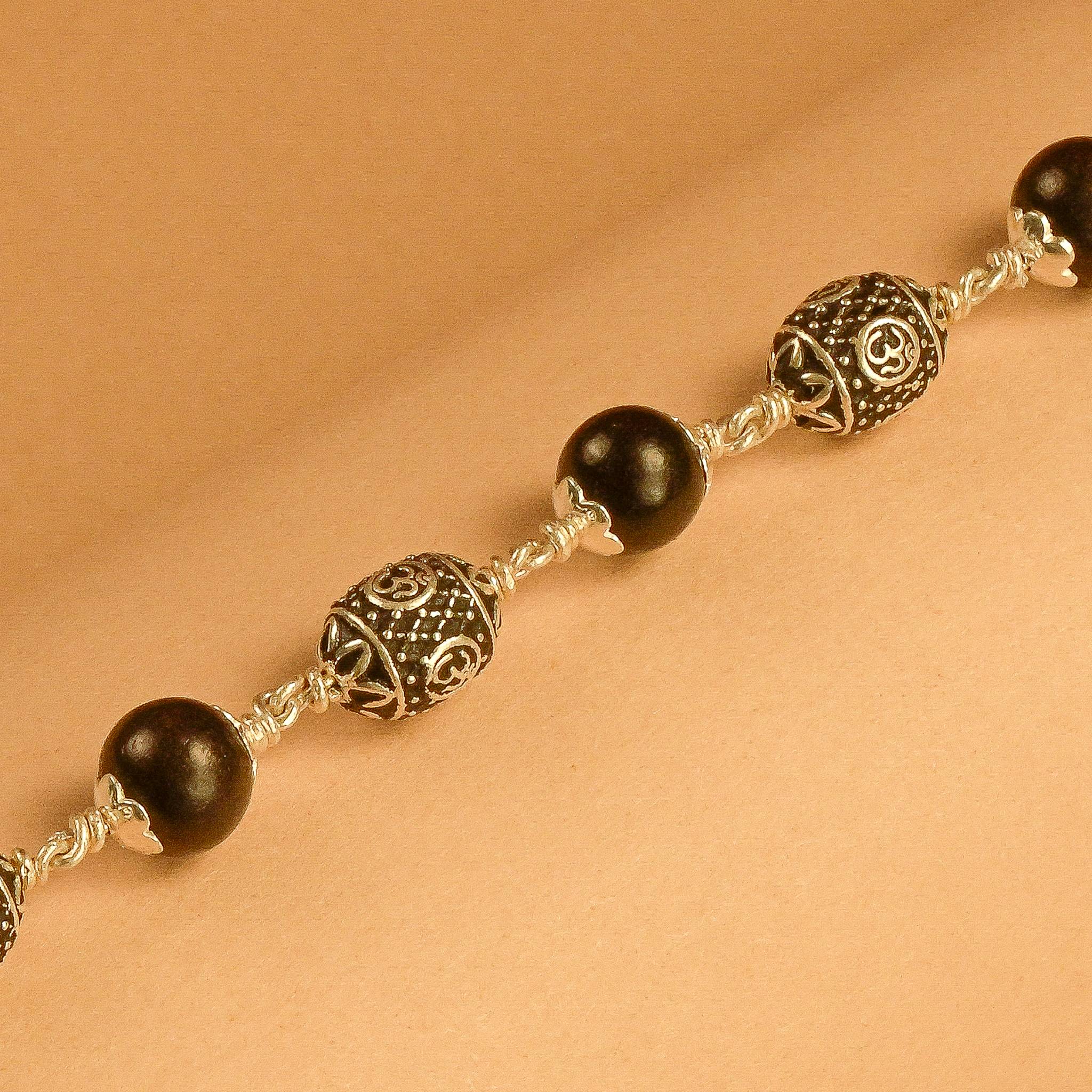 Karungali With Oval Om Beads Silver Bracelet