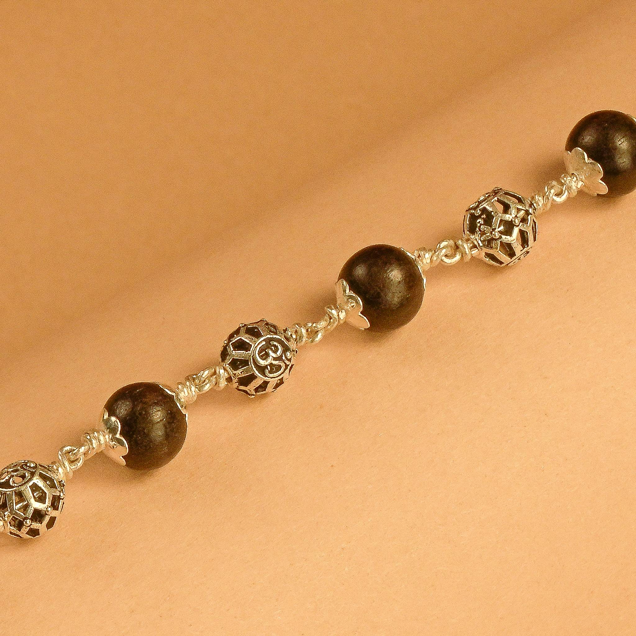 Karungali With Round Om Beads Silver  Bracelet