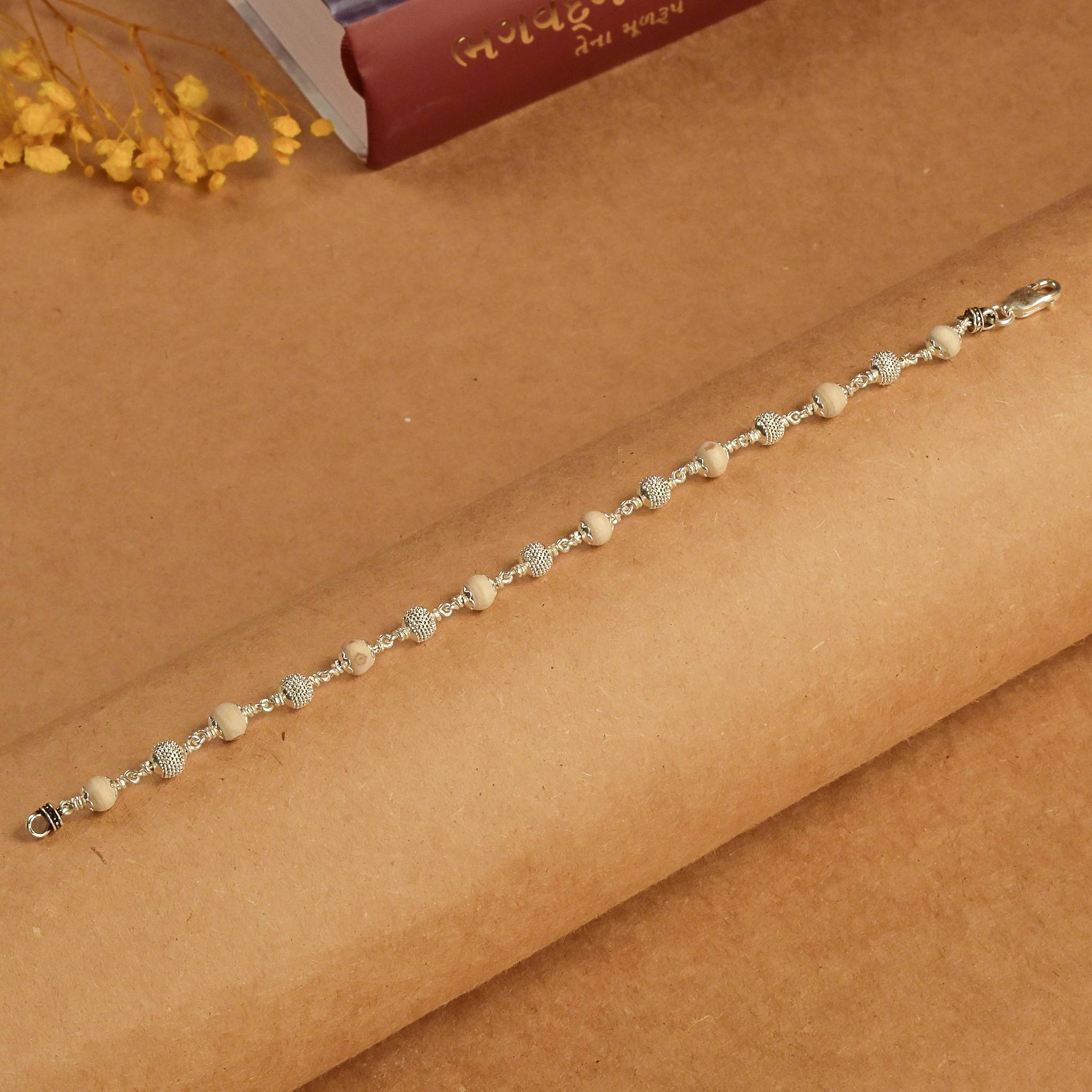 Pure Tulsi With CNC Beads Silver Bracelet 7-8 MM