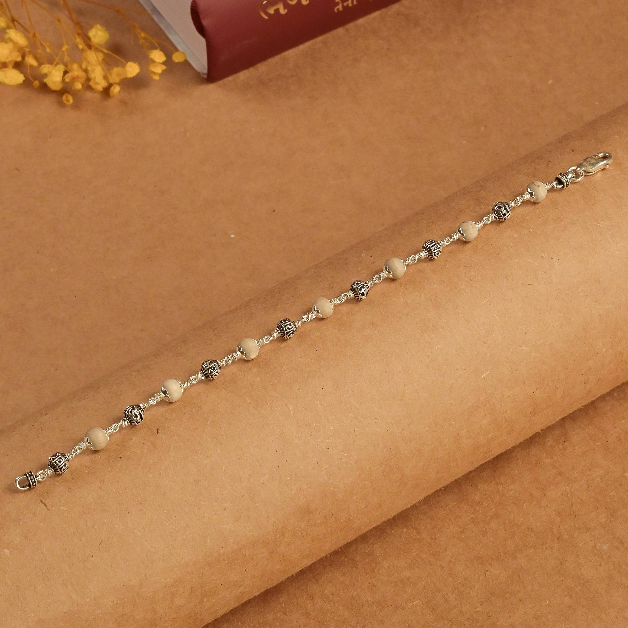 Pure Tulsi With Silver Om Namah Shivay Beads Bracelet 5-6 MM