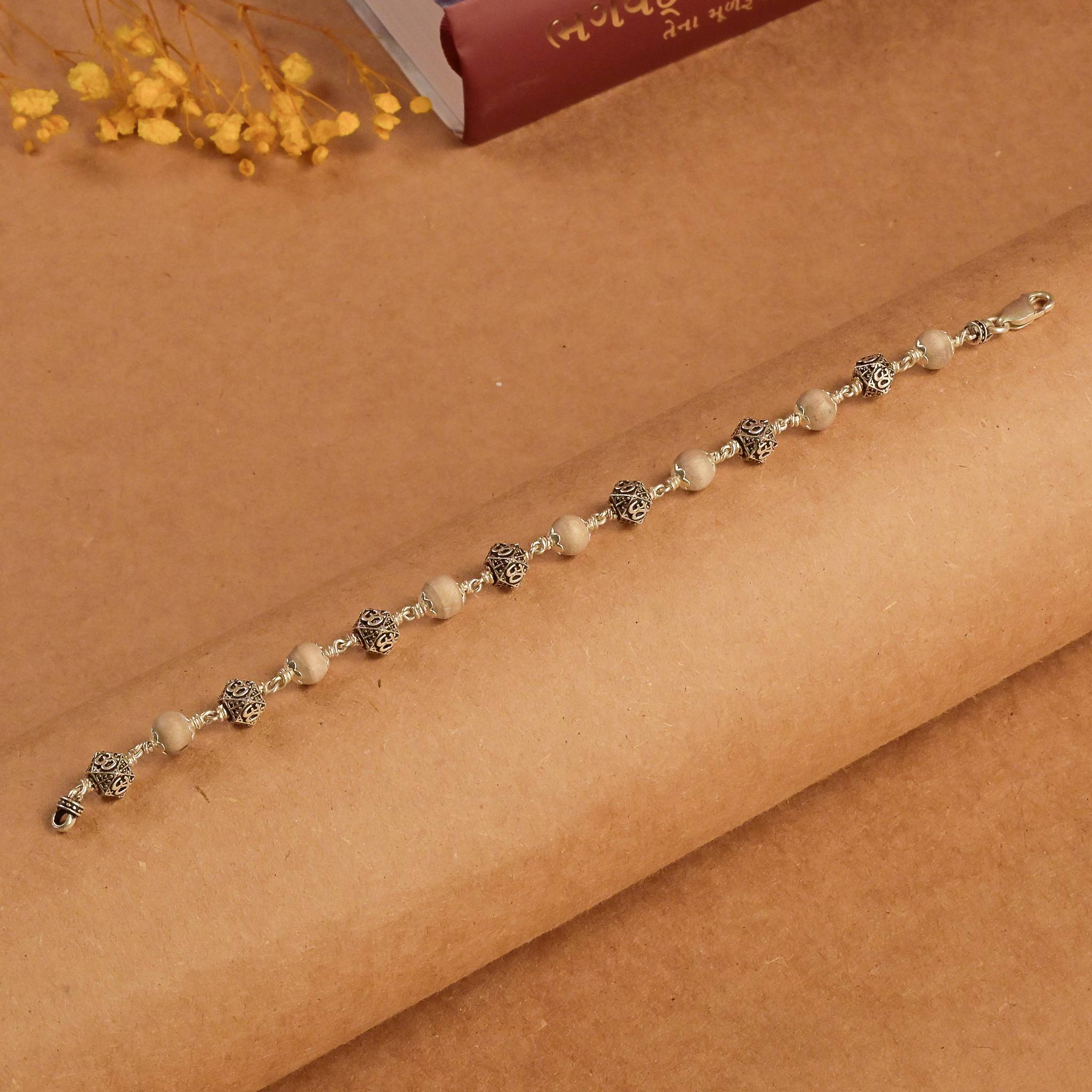 Pure Tulsi With Silver Hexagon Beads Bracelet