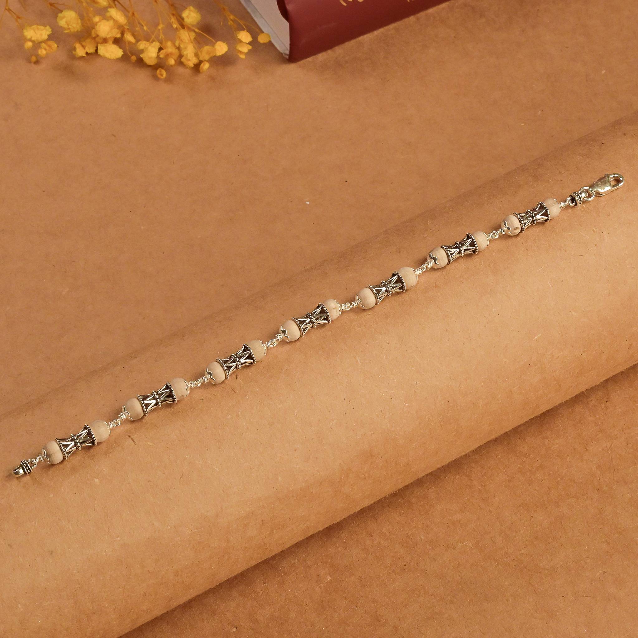 Pure Tulsi With Damru Beads Silver Bracelet