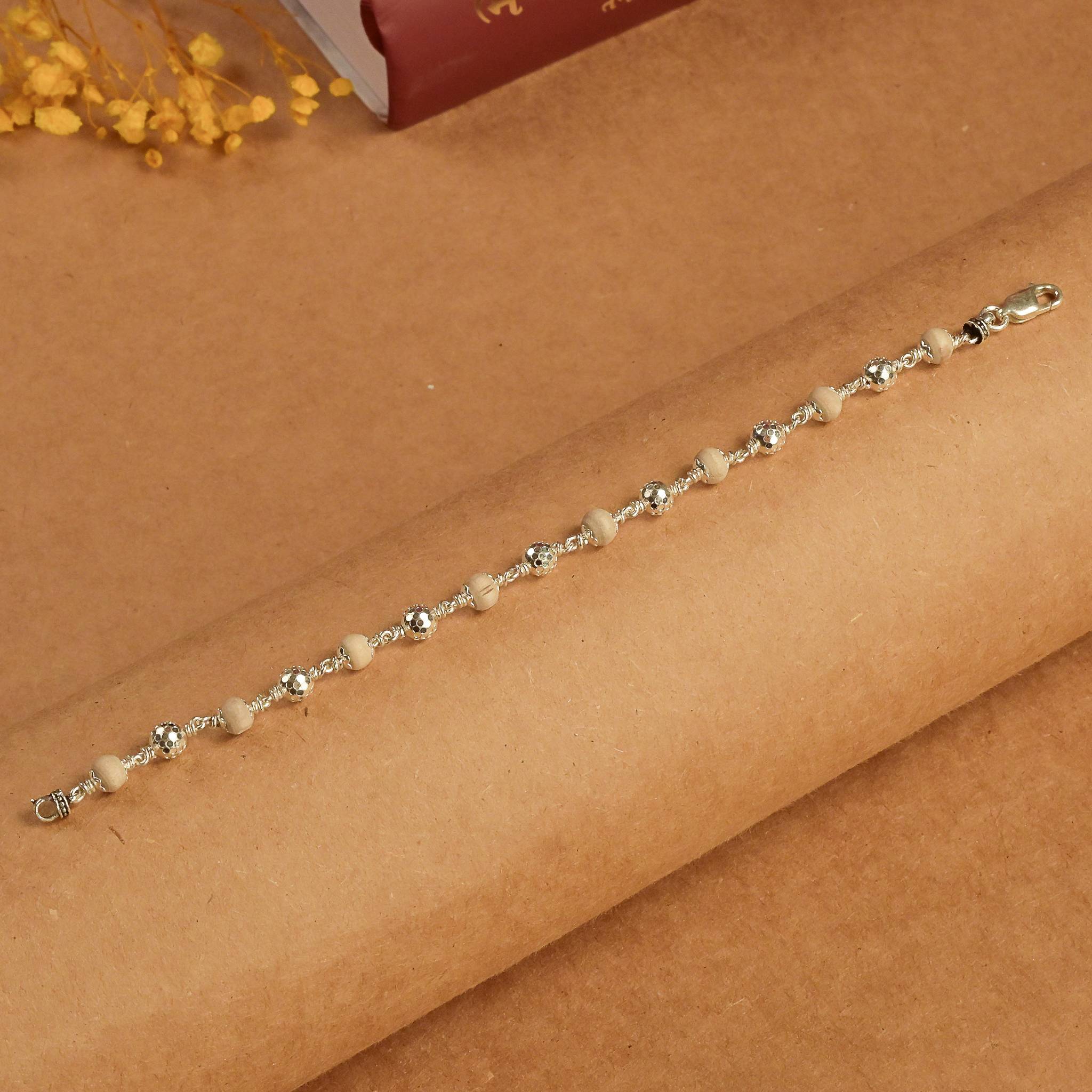 Pure Tulsi With CNC Silver Beads Bracelet