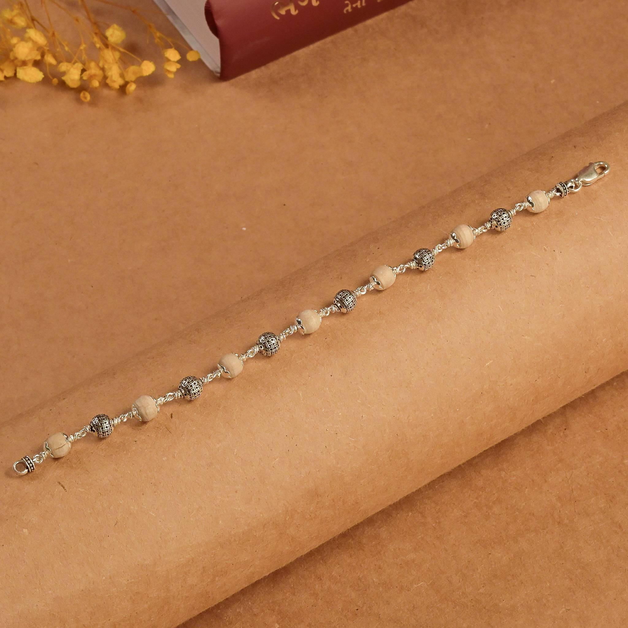 Pure Tulsi with Silver Textured Round Beads Bracelet