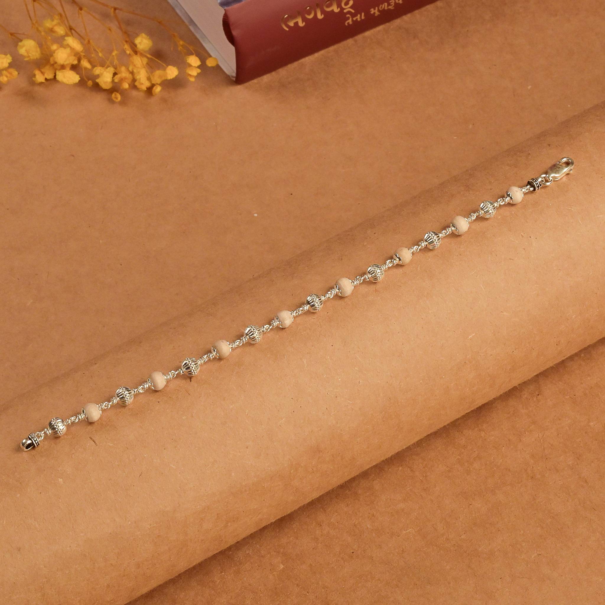 Pure Tulsi With CNC Beads Silver Bracelet