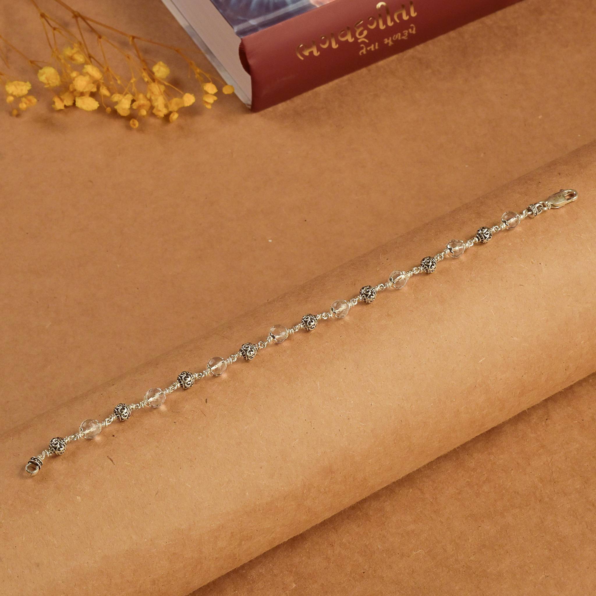 5-6 mm Sphatik Diamond Cut Beads With Om Silver Beads Bracelet