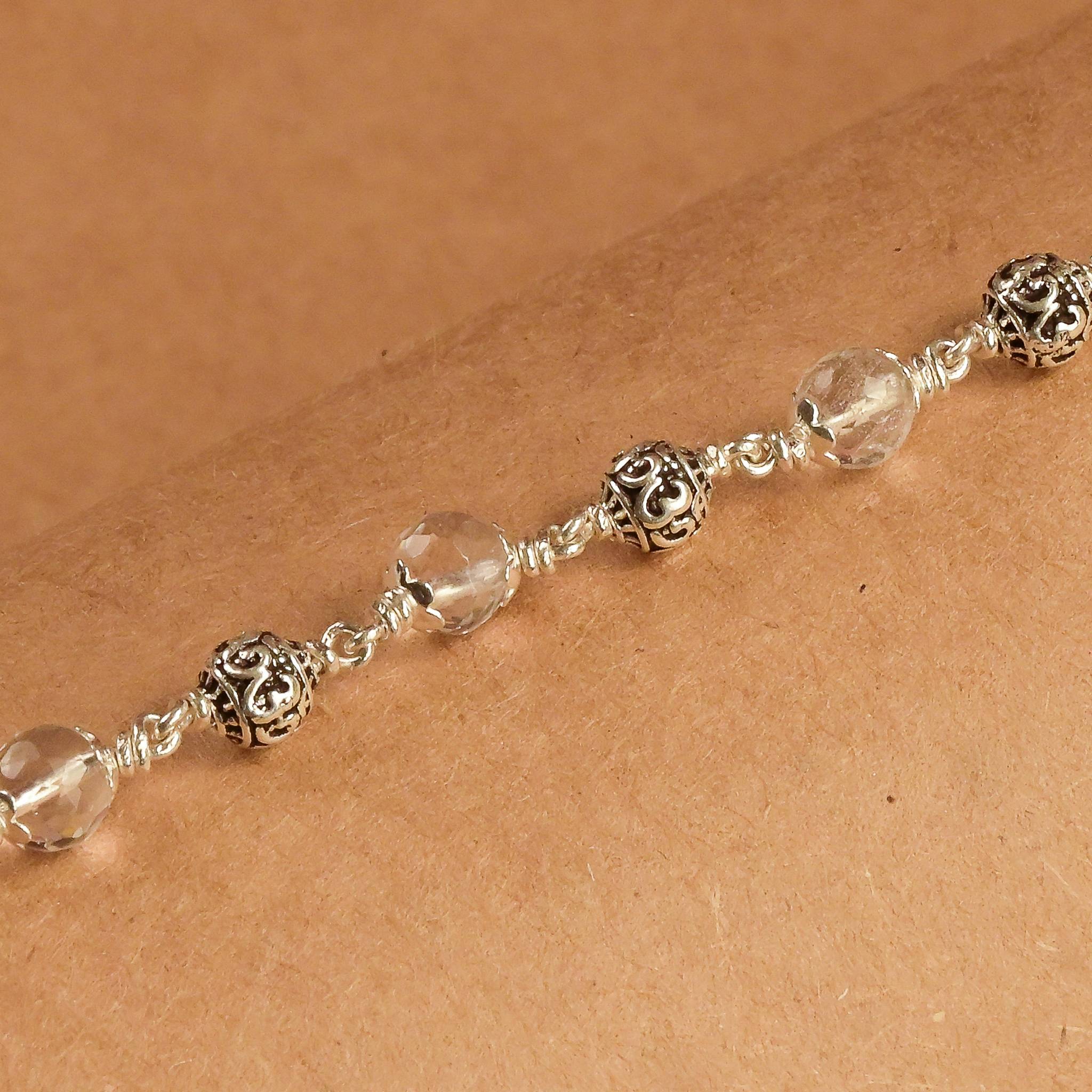 5-6 mm Sphatik Diamond Cut Beads With Om Silver Beads Bracelet