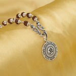 Om Symbol Surrounded by the Maha Mrityunjaya Mantra Silver Pendant With Rudrakshamala