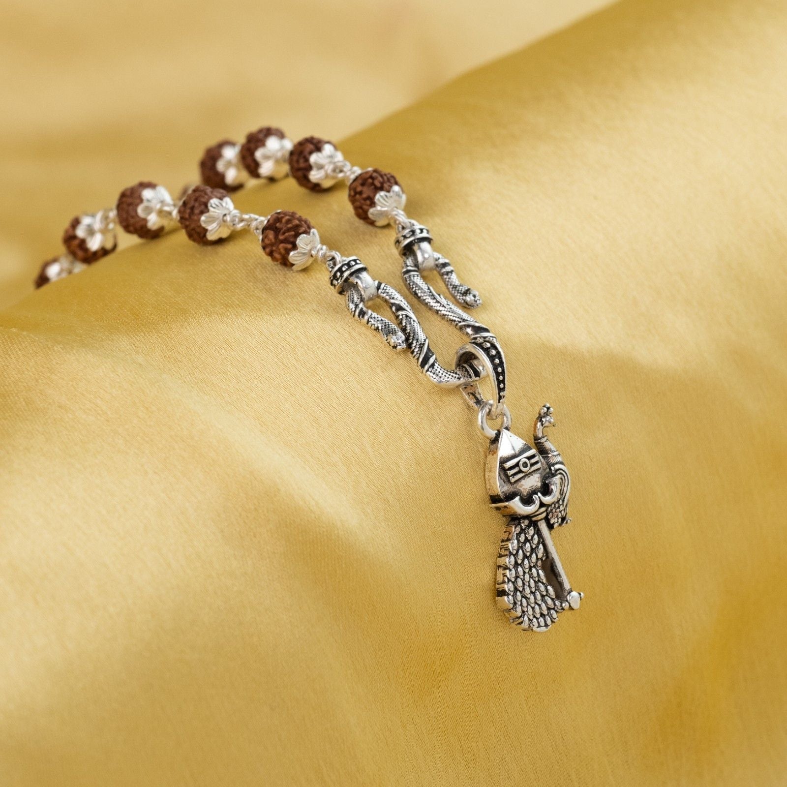 Lord Murugan Peacock Silver Pendant With Rudraksha Mala