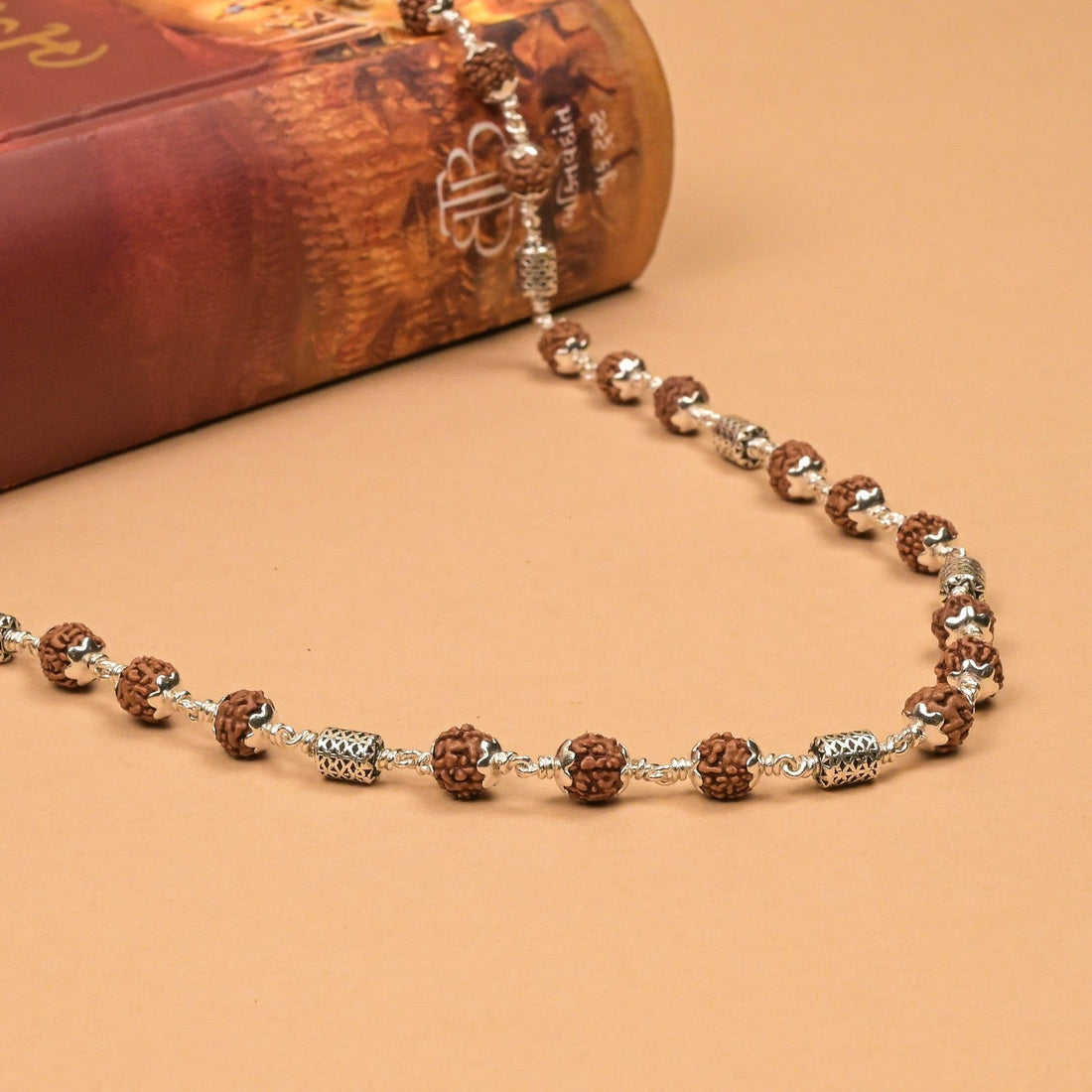Rudraksha With Oval Filigree Silver Beads Mala