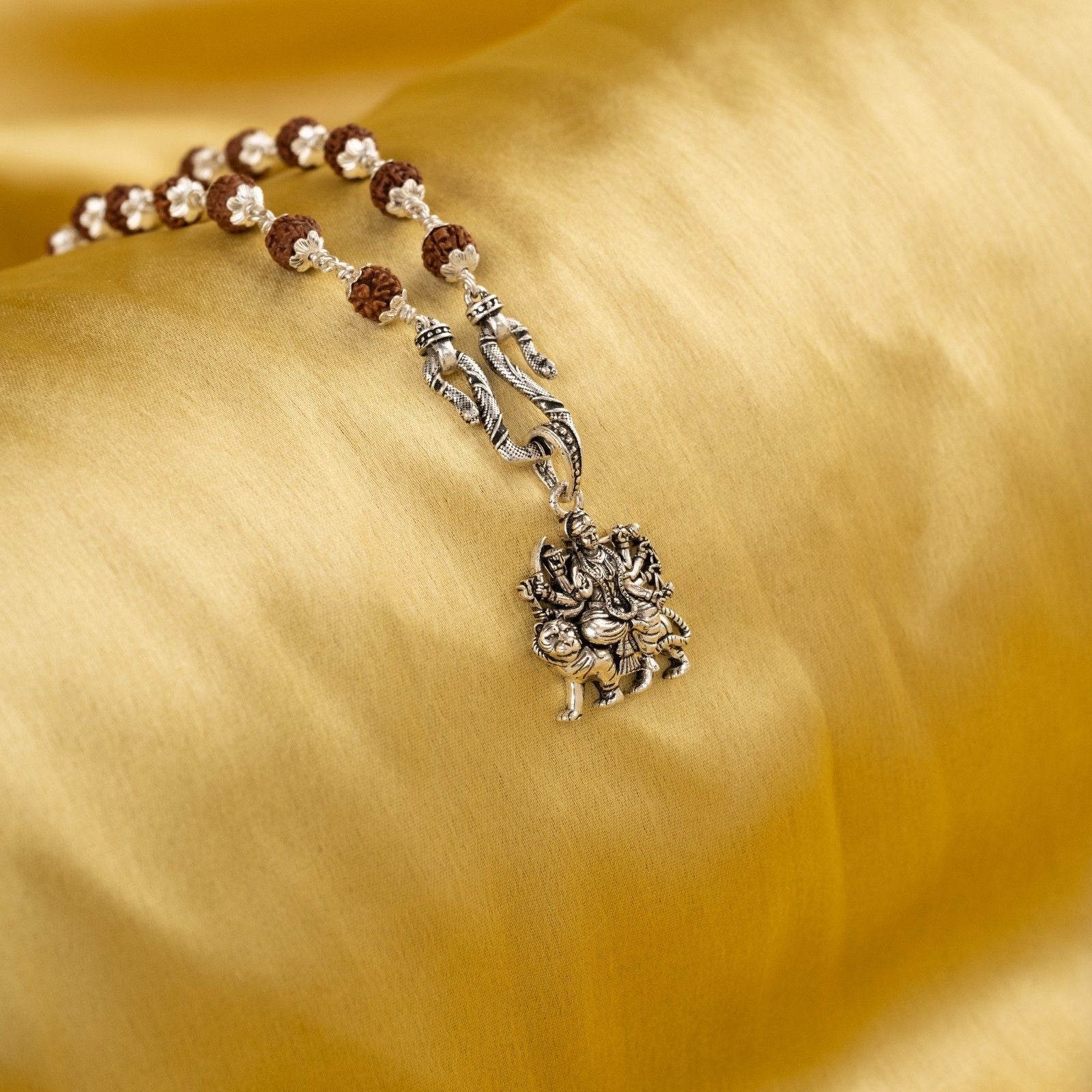 Goddess Durga silver pendant With Rudraksha Mala