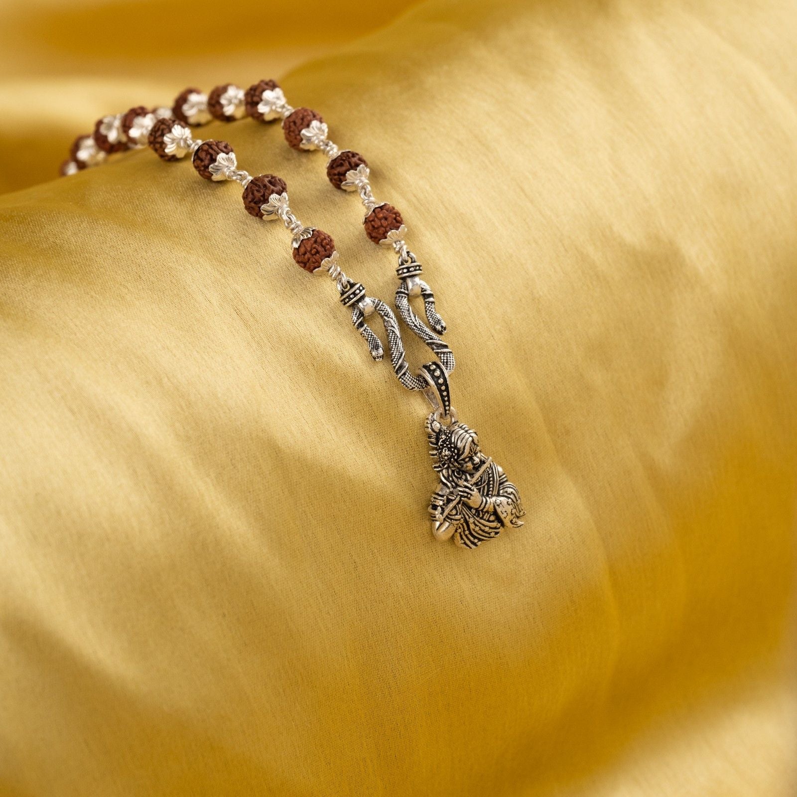Krishna bansuri silver pendant With Rudraksha Mala
