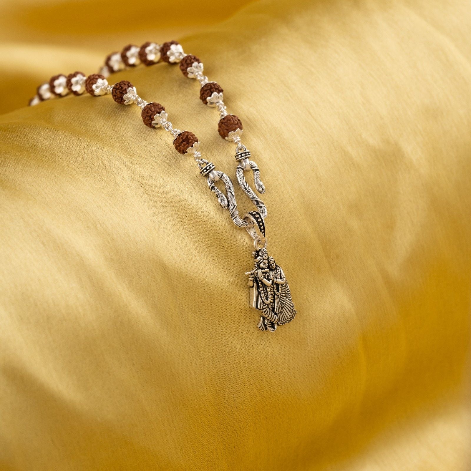Radha Krishna Ji Silver Pendant With Rudraksha Mala