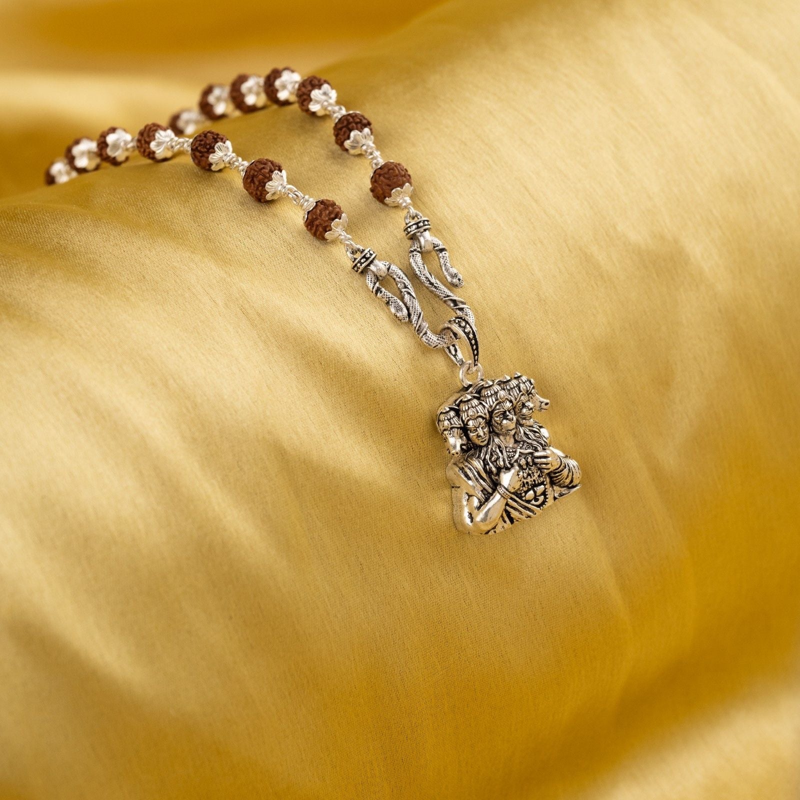 Panchmukhi Hanuman Silver Pendant With Rudraksha Mala