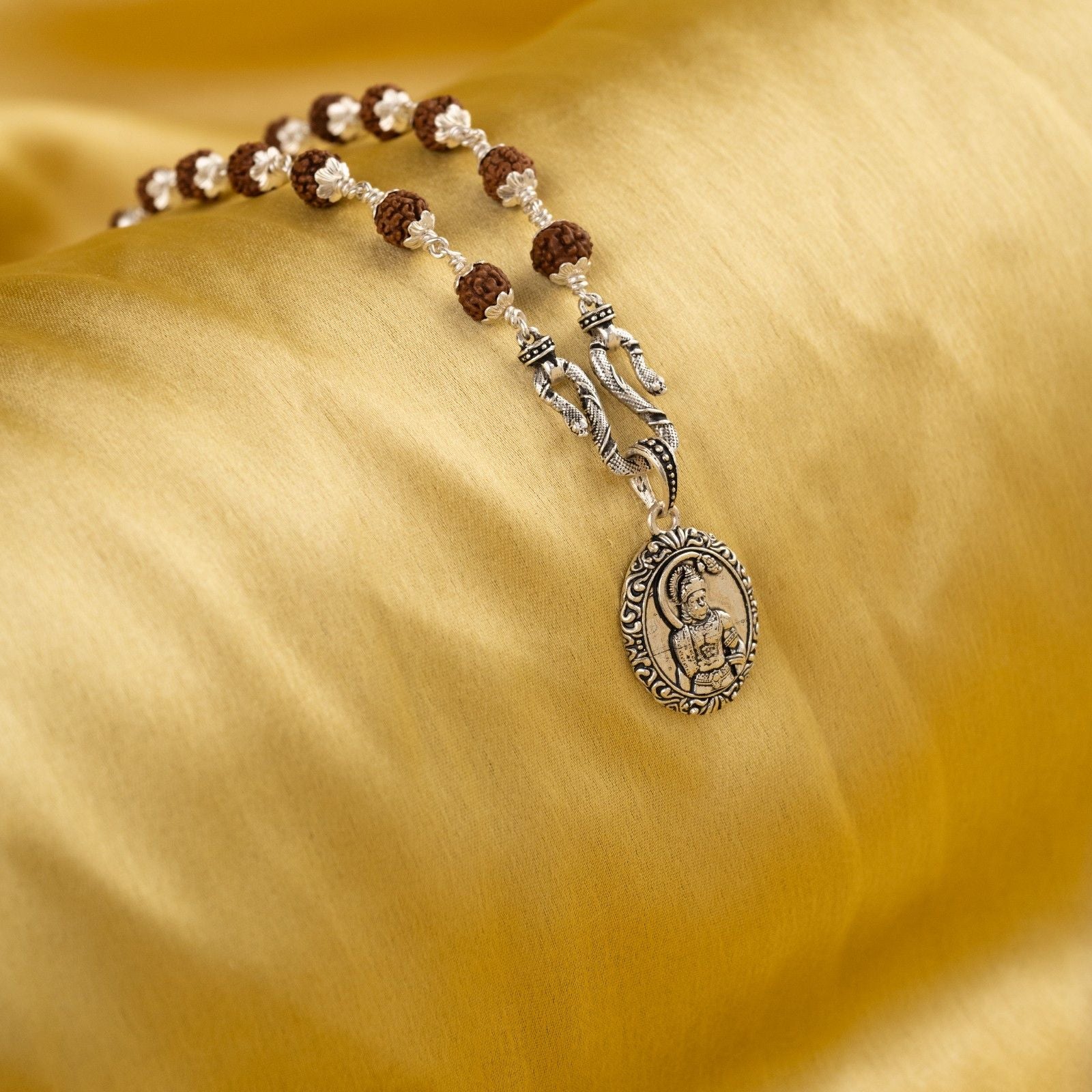 Divine Hanuman Aura Silver Pendant With Rudraksha Mala