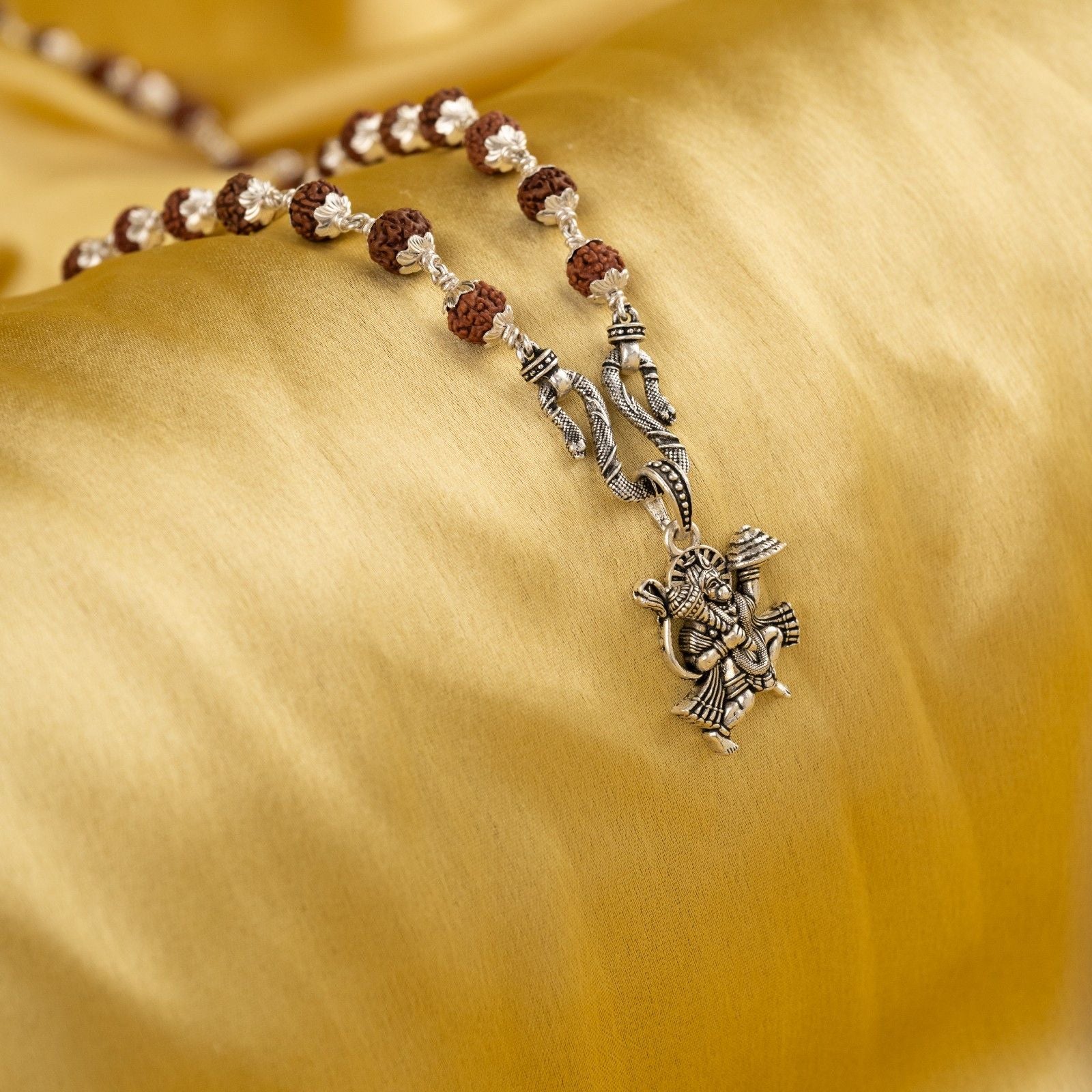 Lord hanuman flying Silver Pendant With Rudraksha Mala