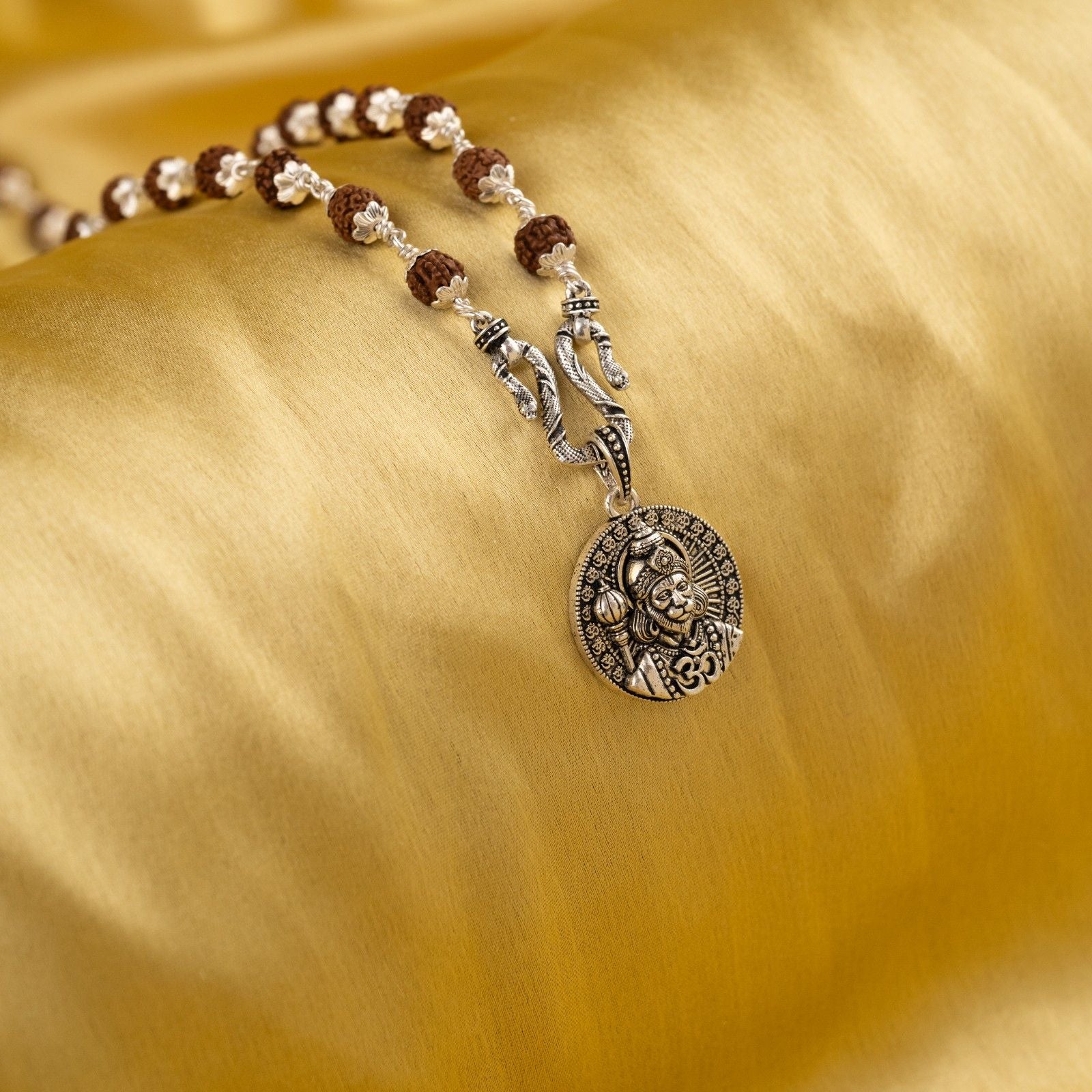 Hanuman ji Om Silver Pendant With Rudraksha Mala
