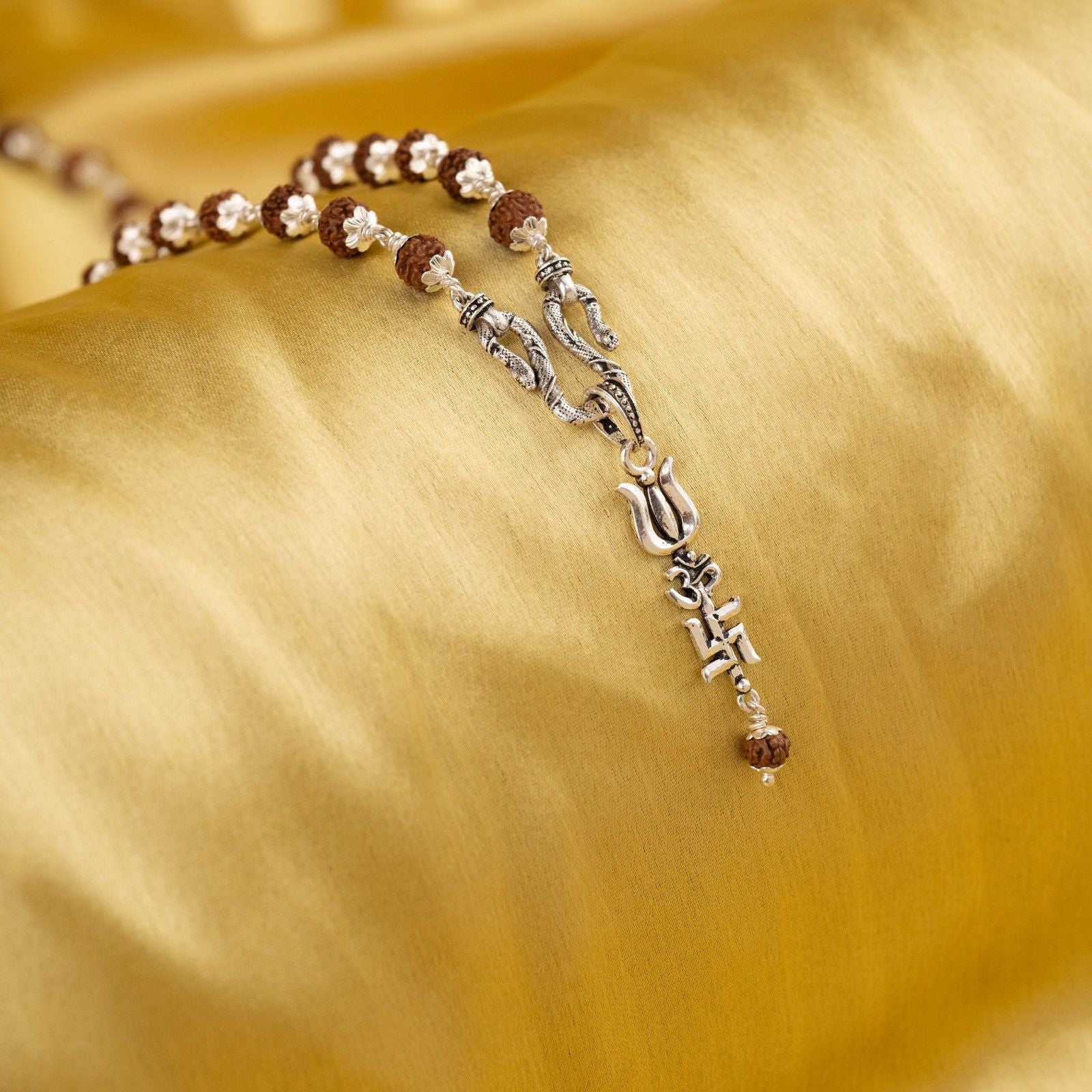 Trishul with Om and Swastik Silver Pendant With Rudraksha Mala