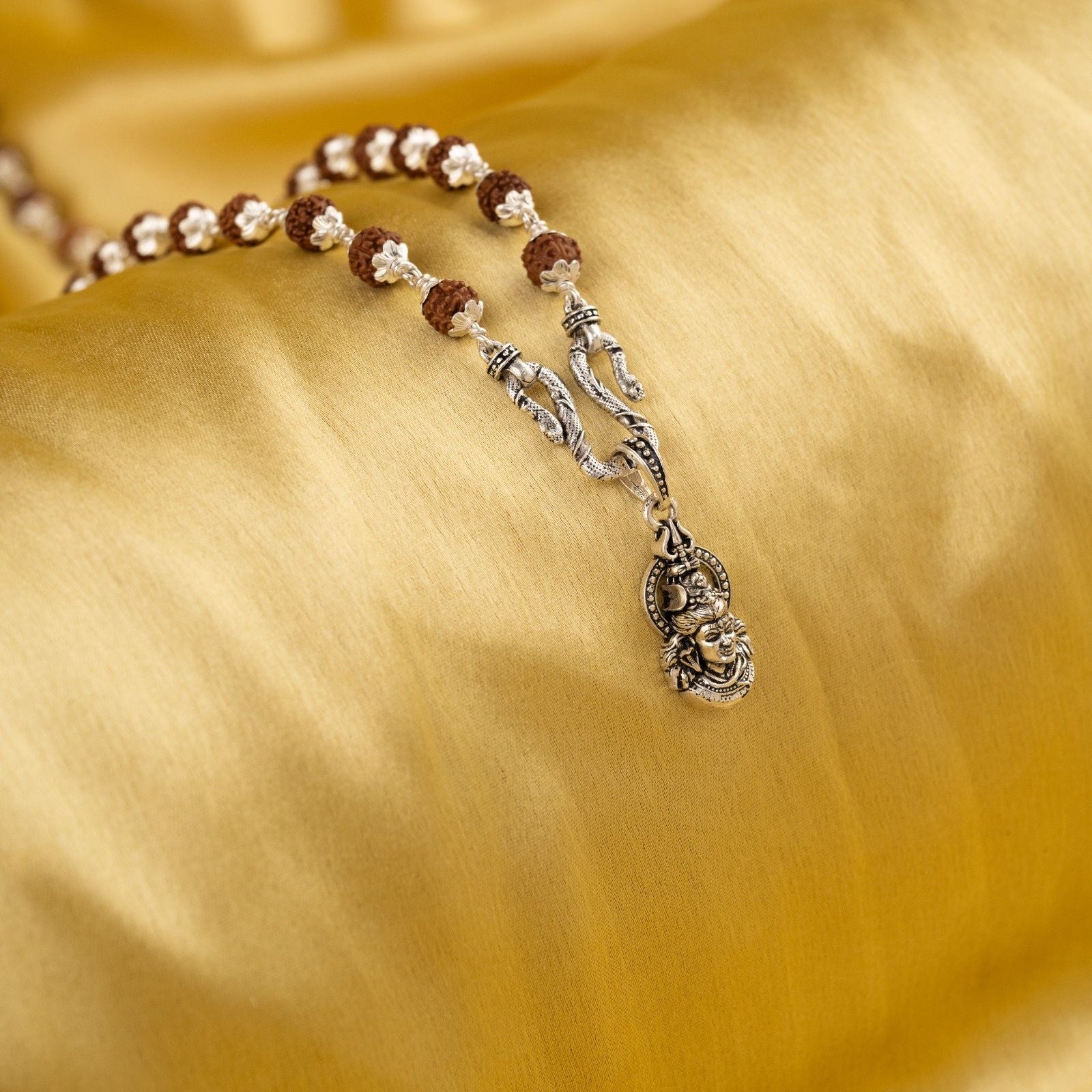 Divine Mahadev Trishul Silver Pendant With Rudraksha Mala