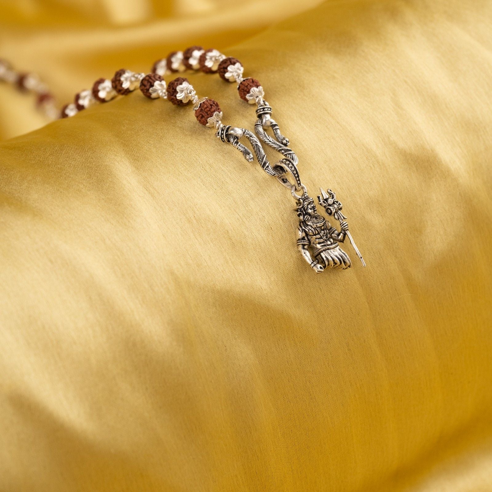 Lord Shiva Trishul Silver Pendant With Rudraksha Mala