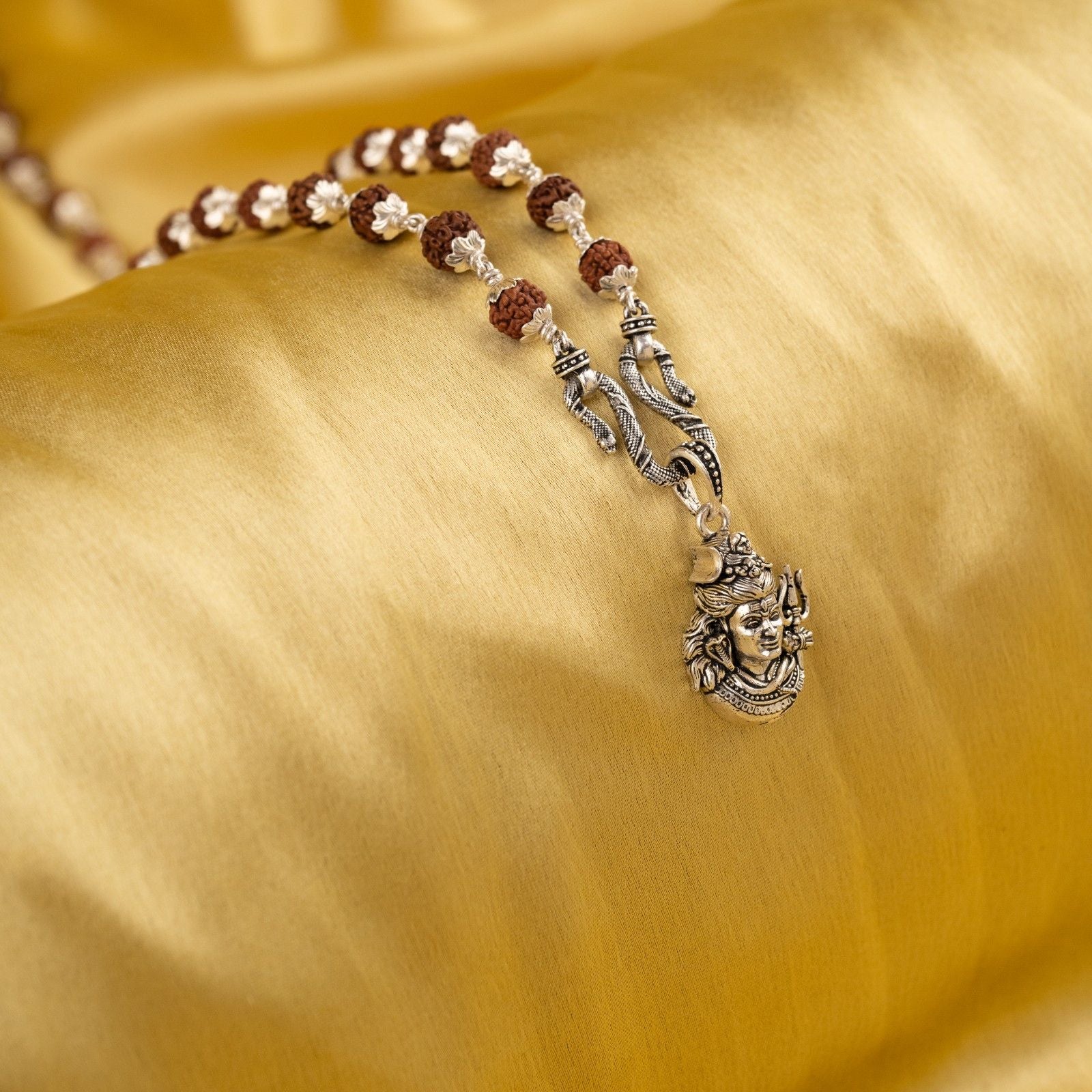 Shiva Trishul Silver Pendant With Rudraksha Mala