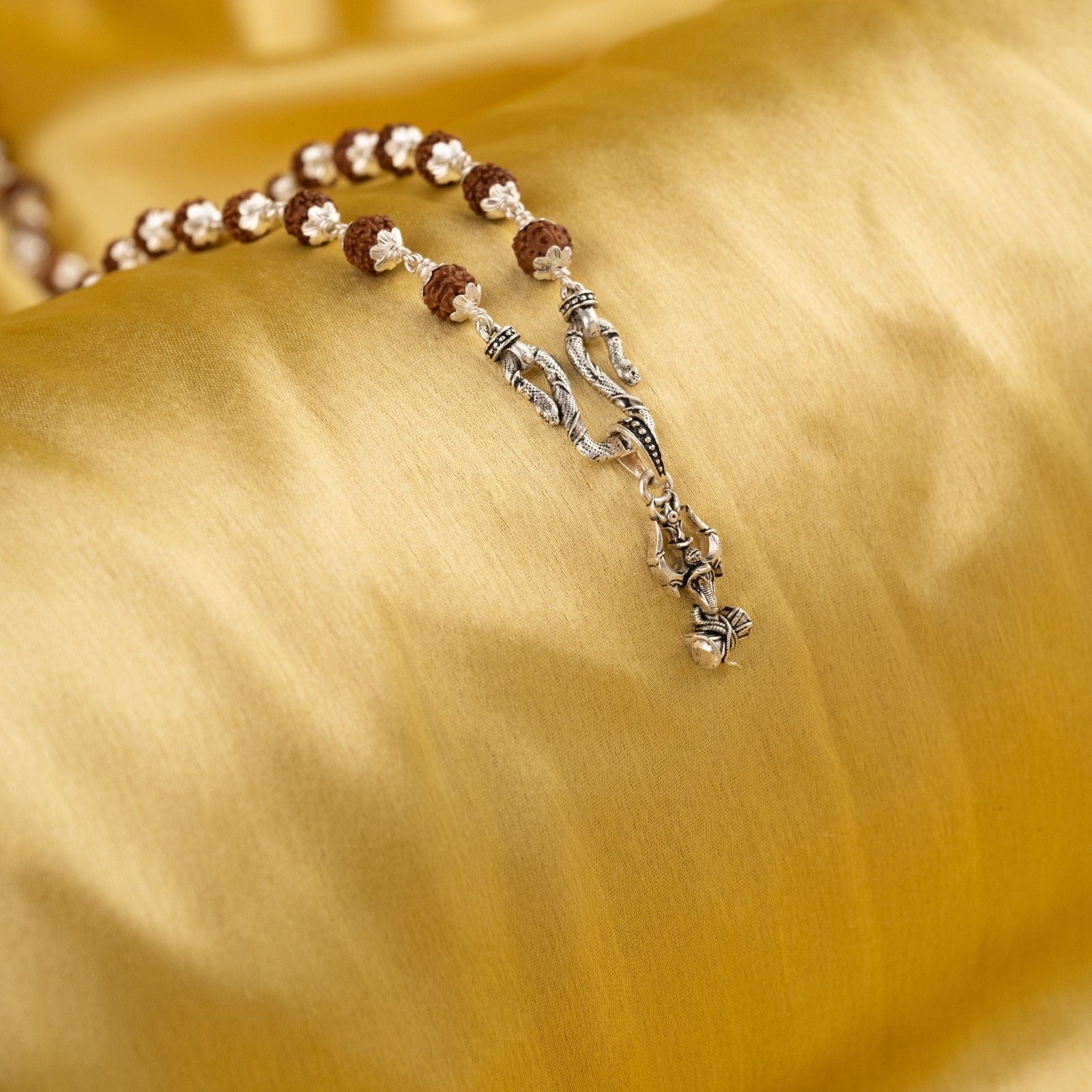 Trishul With Damaru Silver Pendant With Rudraksha Mala