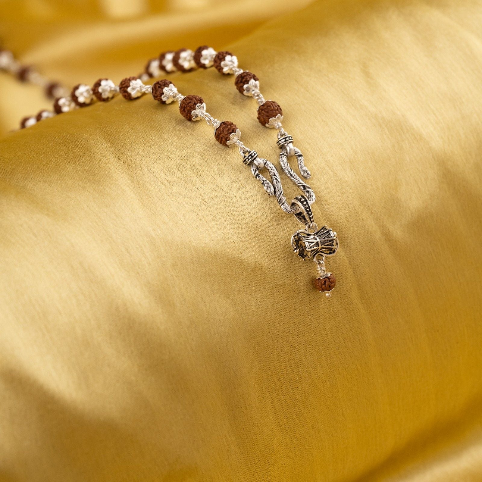 Damaru Silver Pendant With Rudraksha Mala