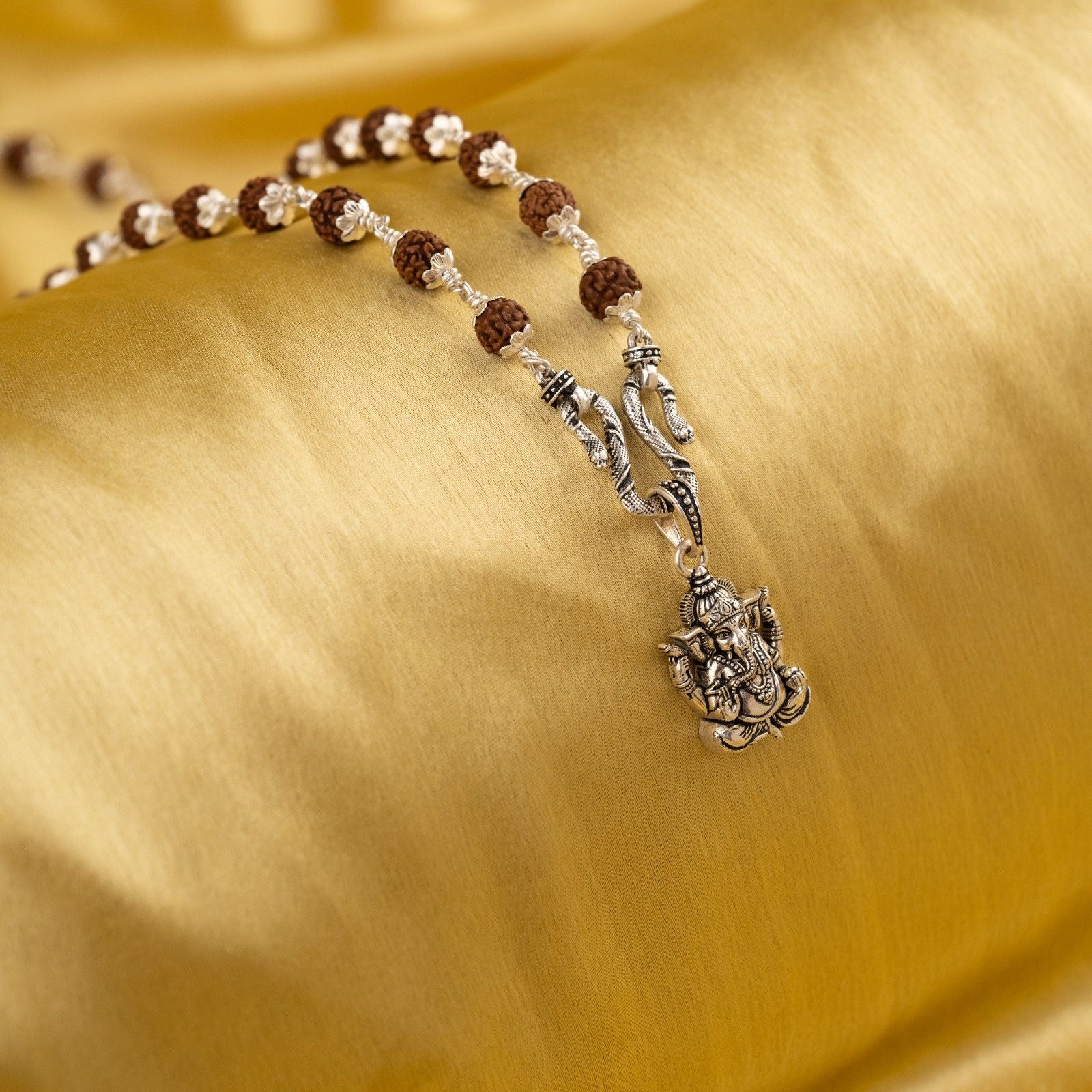 Lord Ganpati Silver Pendant With Rudraksha Mala
