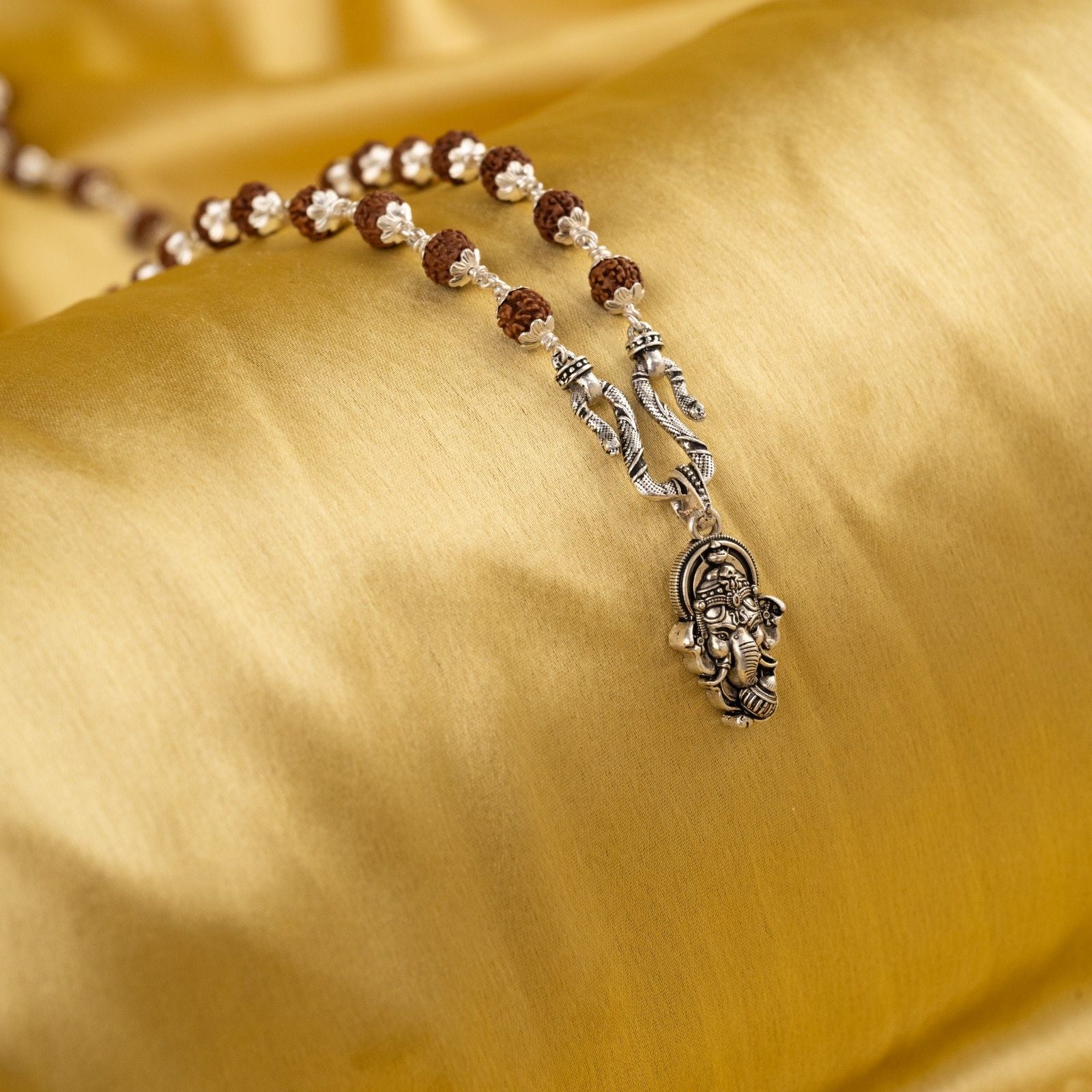Divine Ganesha Silver Pendant With Rudraksha Mala
