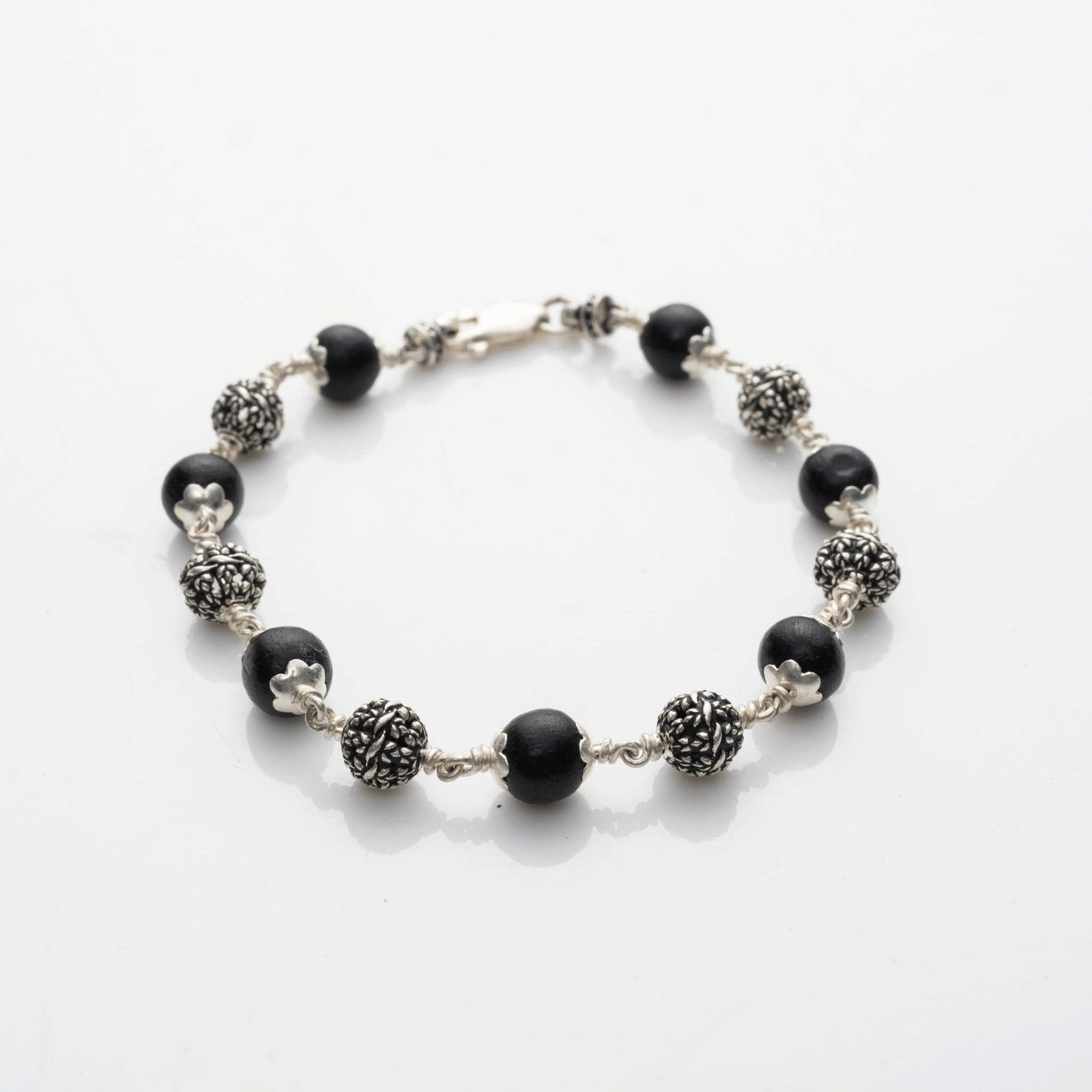 Karungali With Silver Flower Beads Bracelet
