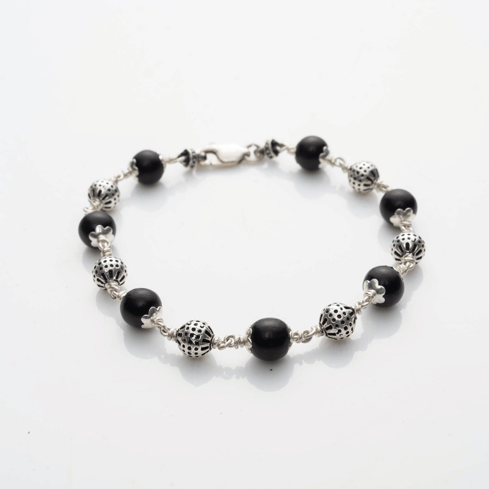 Karungali With Round Beads Silver Bracelet